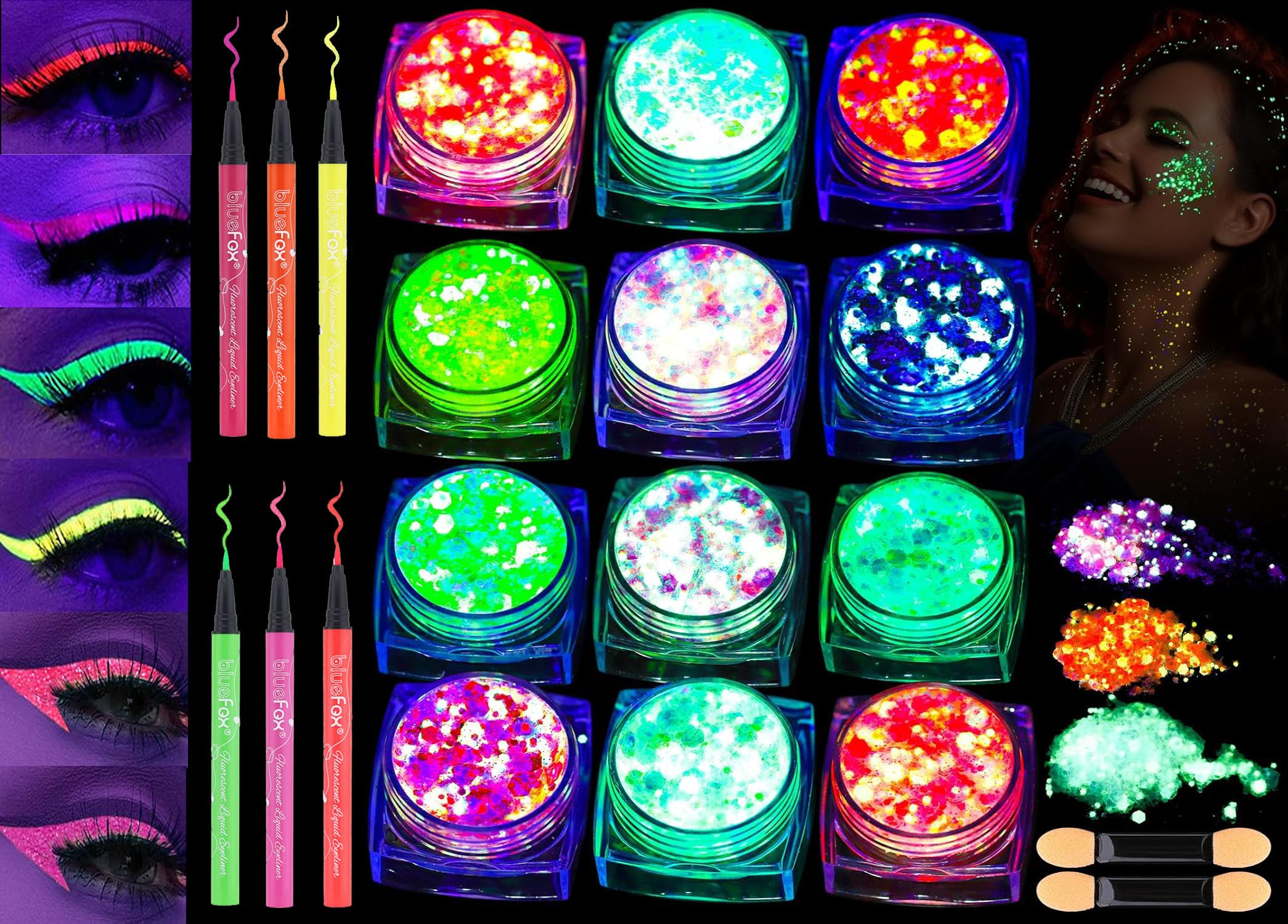 Festival Glitzer Gesicht, 12 Farben Fluoreszierendes Chunky Sequin und 6 Eyeliner, Face Body Glitter Festival Zubehör Accessoires Gadget, Haar Glitzer Festival Gesichtsglitzer Karneval Körperglitzer