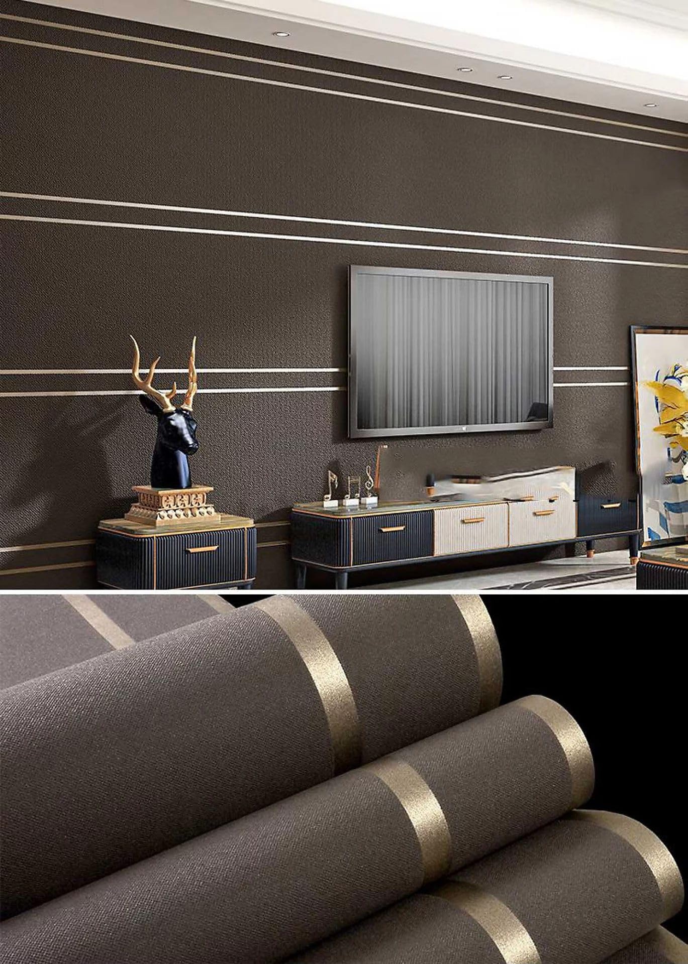 WPE® Luxury Bold Brown & Gold Stripe Wallpaper - Rich Textured Finish - 28017 – Hang Vertical or Horizontal, Washable & Easy to Apply – 9.5m x 53cm