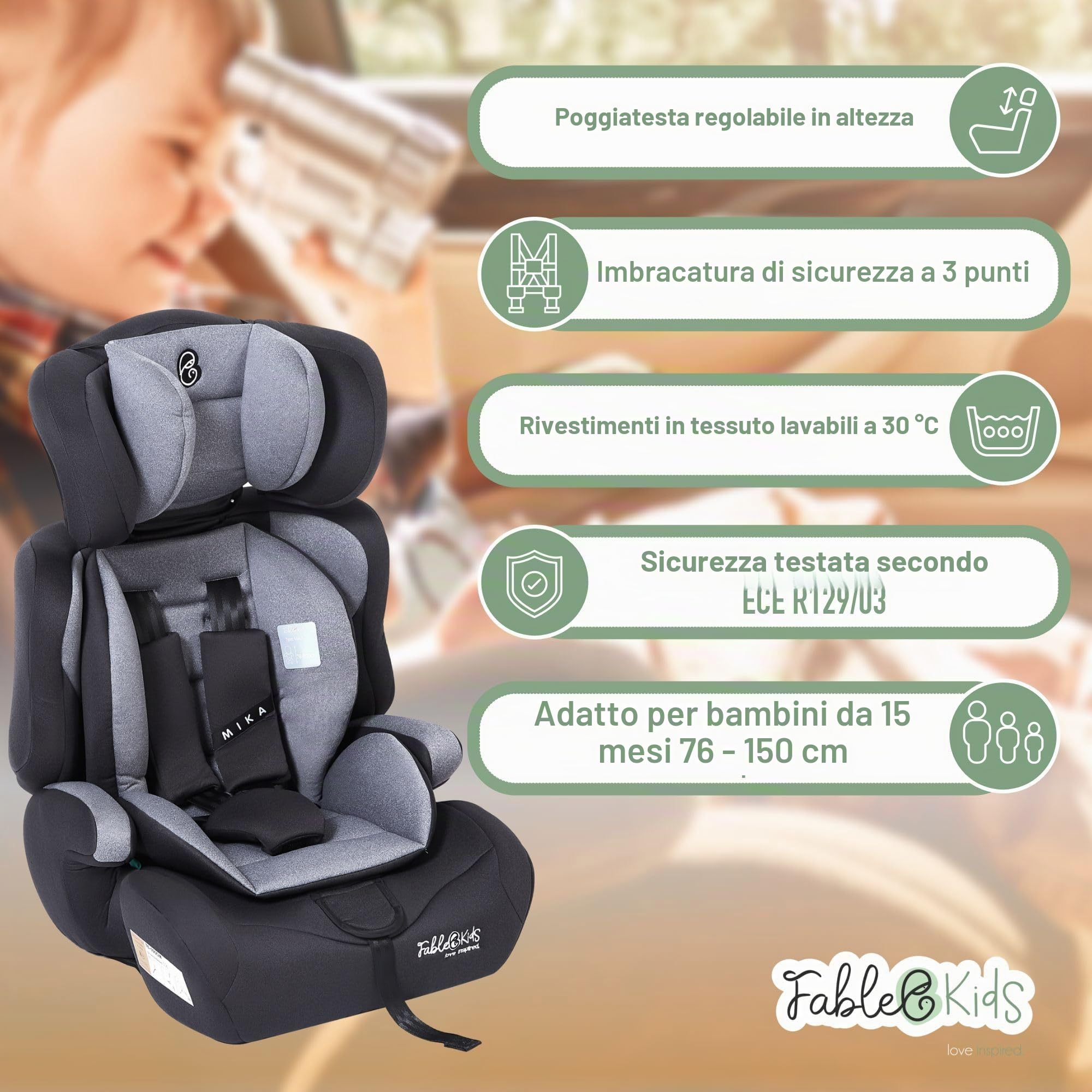 FableKids seggiolino auto per bambini | cintura di sicurezza a 3 punti | Seggiolino auto per bambini 76-150 cm | seggiolino regolabile con poggiatesta | ECE R129 | Grigio