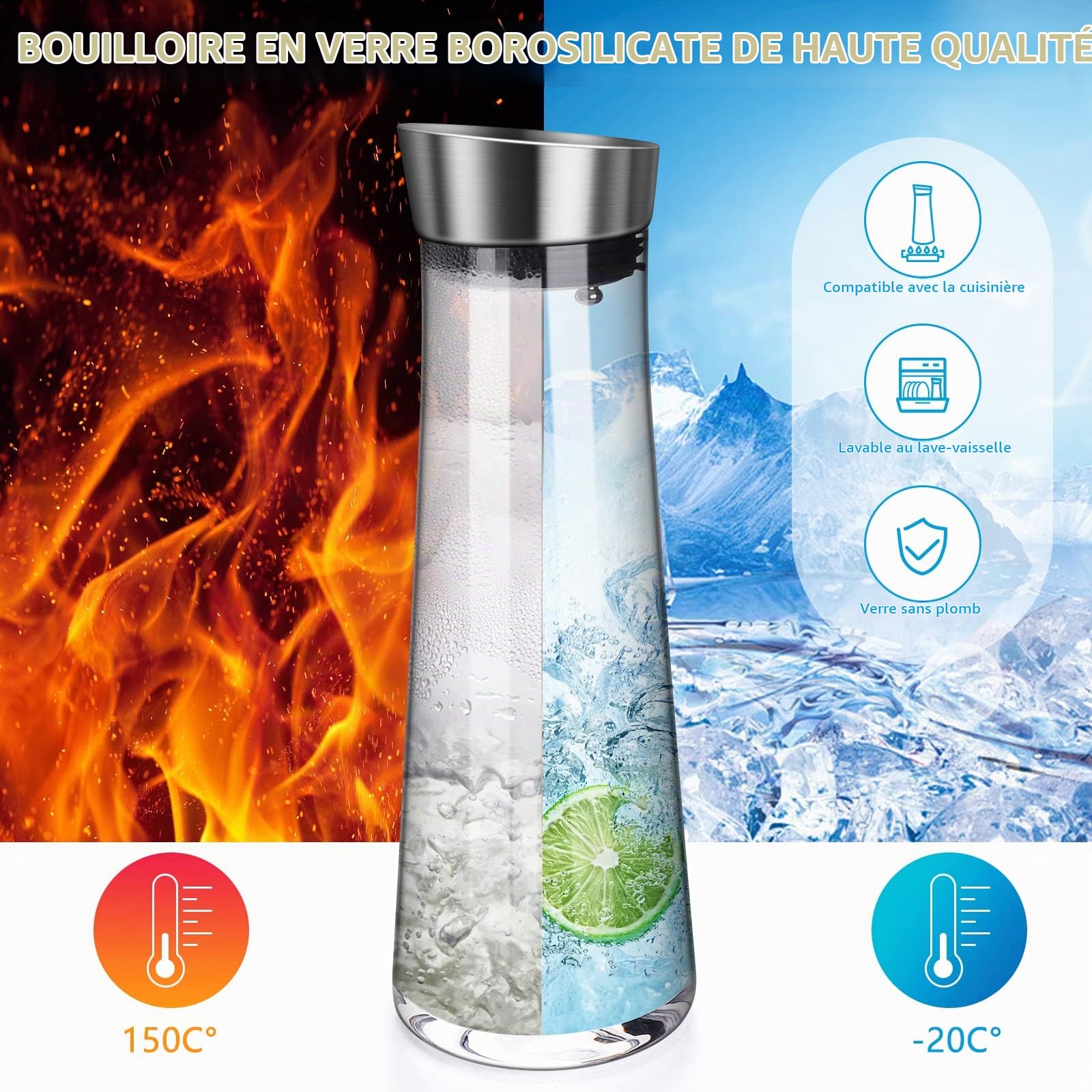 Carafe Eau, Csuntikulo Carafe en verre de 1000 ml, Cruche en Verre avec Capuchons de filtre en acier inoxydable pour Thé Glacé, Boisson, Eau Chaude, Vin, Café, Lait et Jus, Transparent