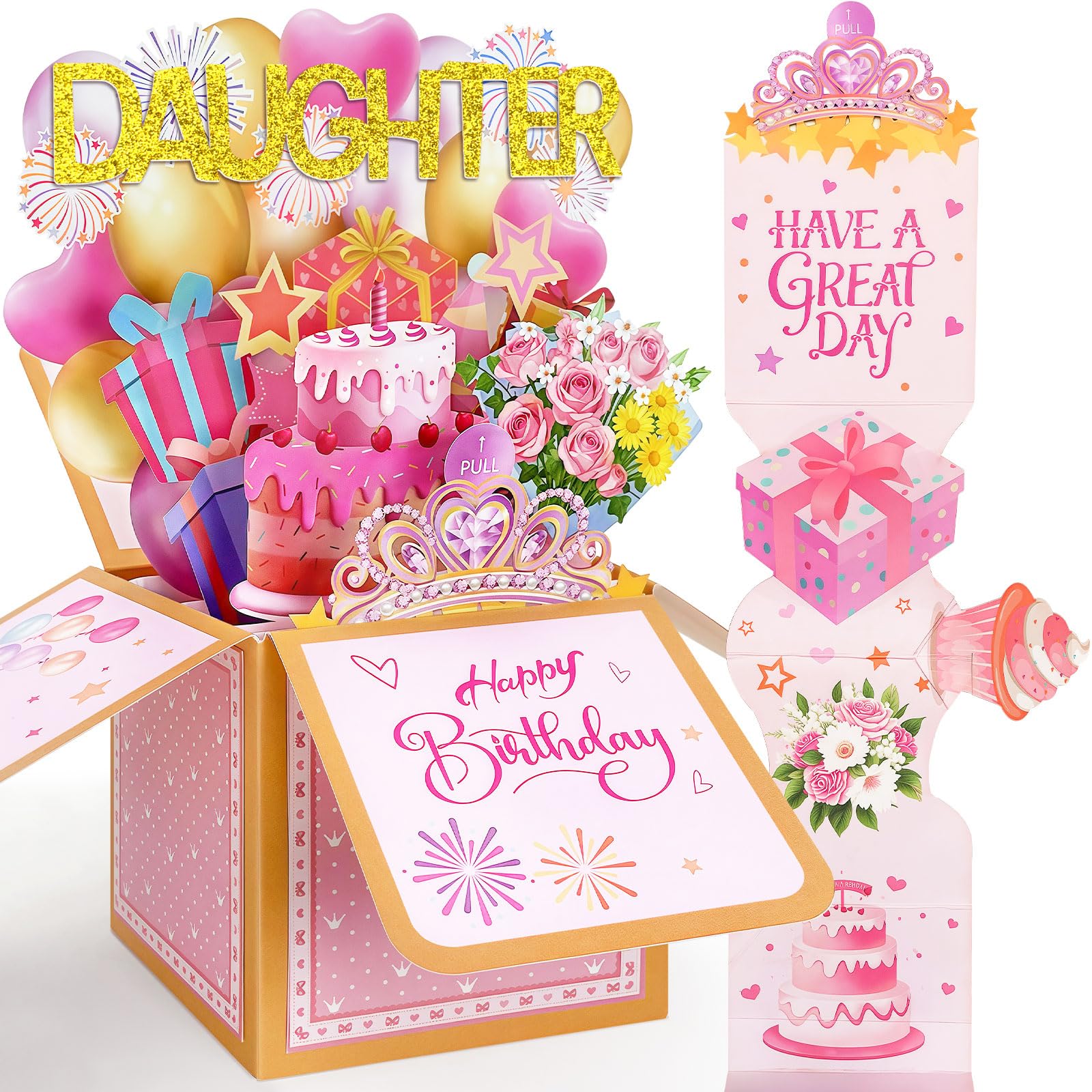 YianHien Daughter Birthday Card, 3D Pop Up & Pull-Out Gift Box Design, Happy Birthday Card for Daughter with Cake Bouquet & Crystal Tiara Decorations, Adult Daughter Birthday Gifts