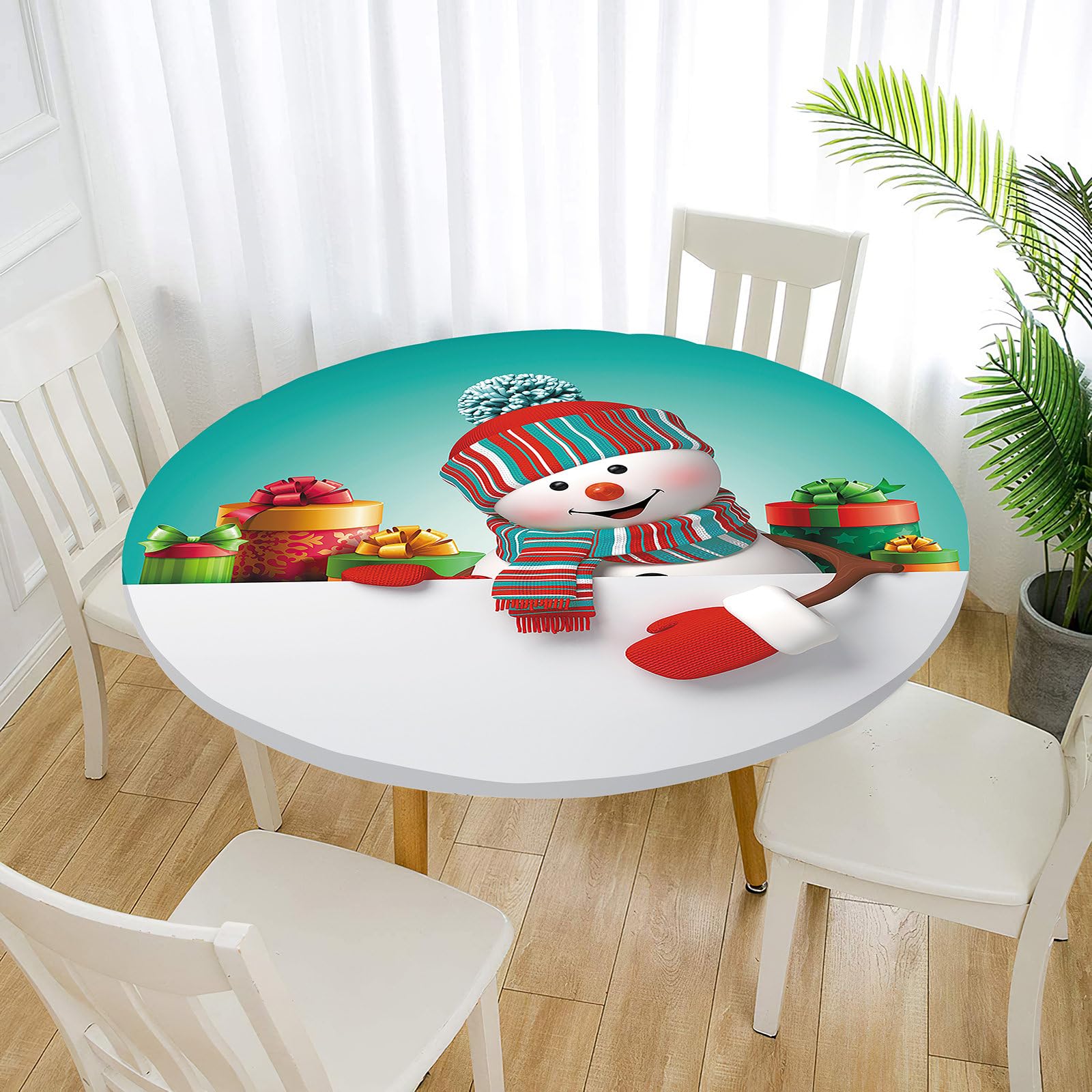 Treer reusable Christmas Tablecloth, Round Elastic Edged Fitted Backed Table Cover; Wipeable & Washable, Perfect for Dinning Room, Kitchen, Picnic & Party (100cm, Green)