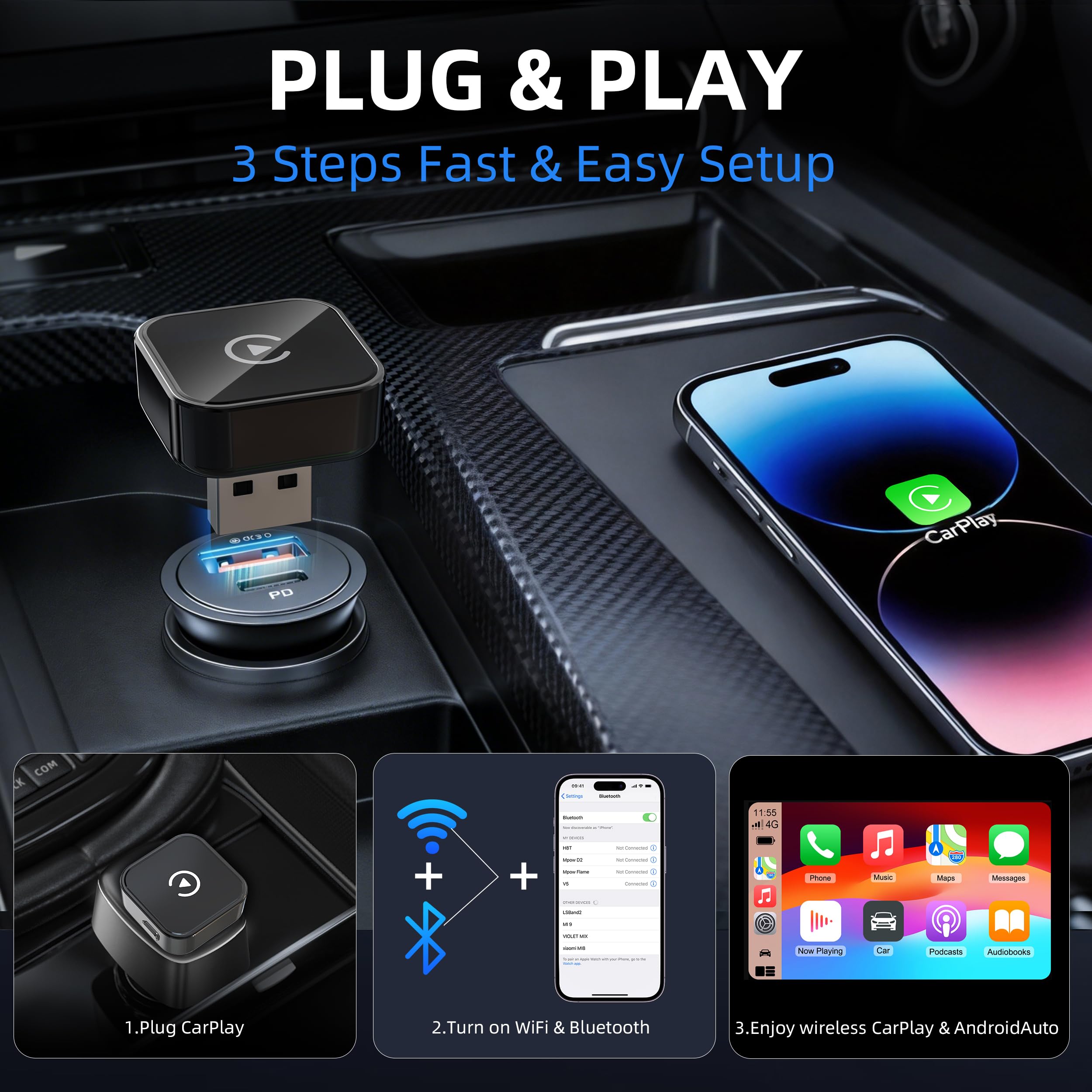 Wireless CarPlay & Android Auto Adapter 2026 Upgrade Instant 2-Phone Switch, 2-in-1 Plug & Play OTA Dongle for iPhone & Android, BT 5.3 & Dual WiFi 6 for 900+ Car Models — view 2