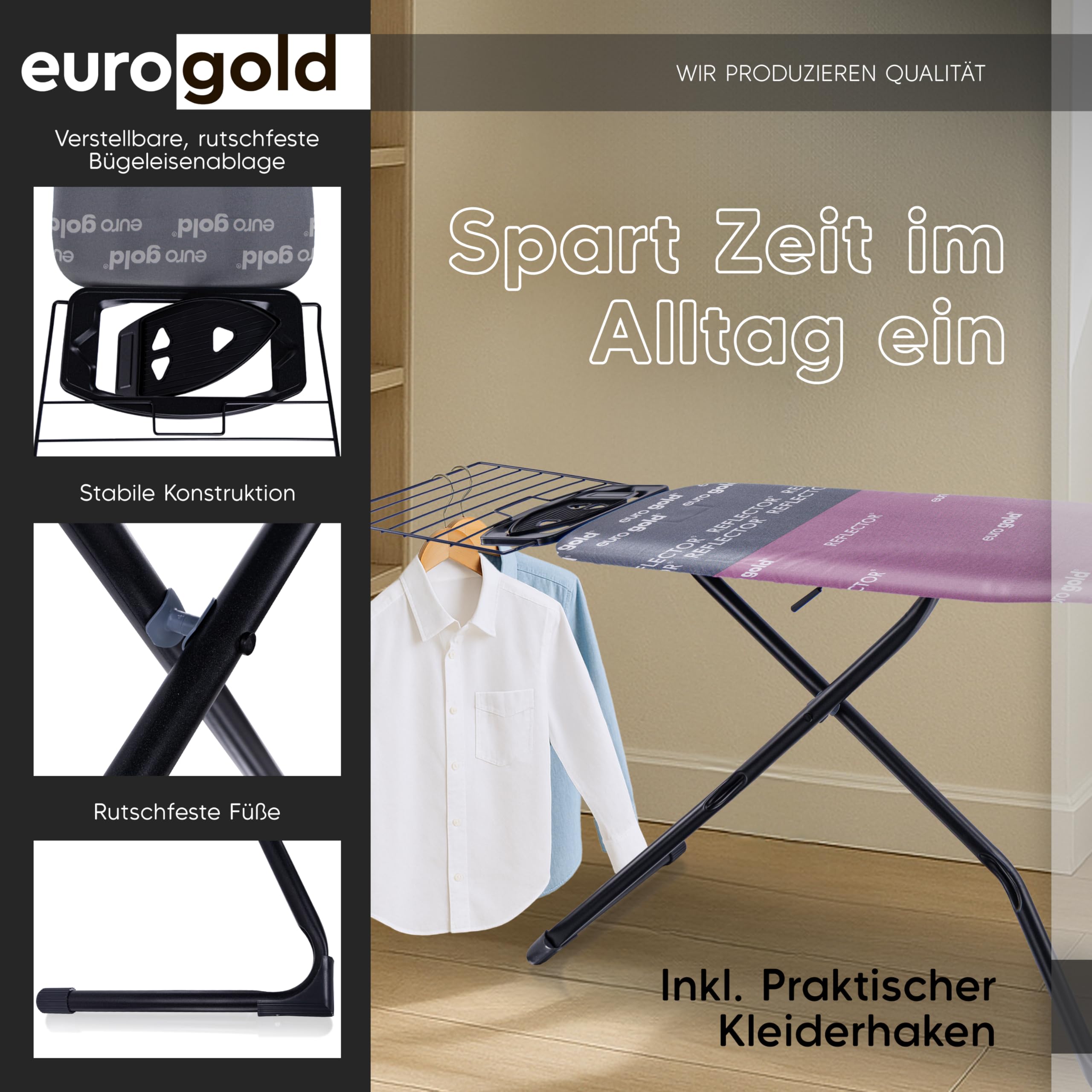 EUROGOLD Bügeltisch 120x42 cm – Großes Bügelbrett höhenverstellbar mit Reflektor-Bezug für effizientes Bügeln, TÜV-Zertifiziert, Made in Europe, Ironing Board (Paris Pink)