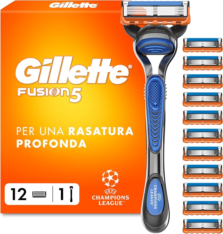 Gillette Fusion5 Rasoio Barba, 1 Rasoio Barba Manuale + 12 Lametta Gillette Fusion 5 di Ricambio, con Striscia Lubrificante per una Morbida Scorrevolezza e 5 Lame per una Rasatura Profonda e Duratura