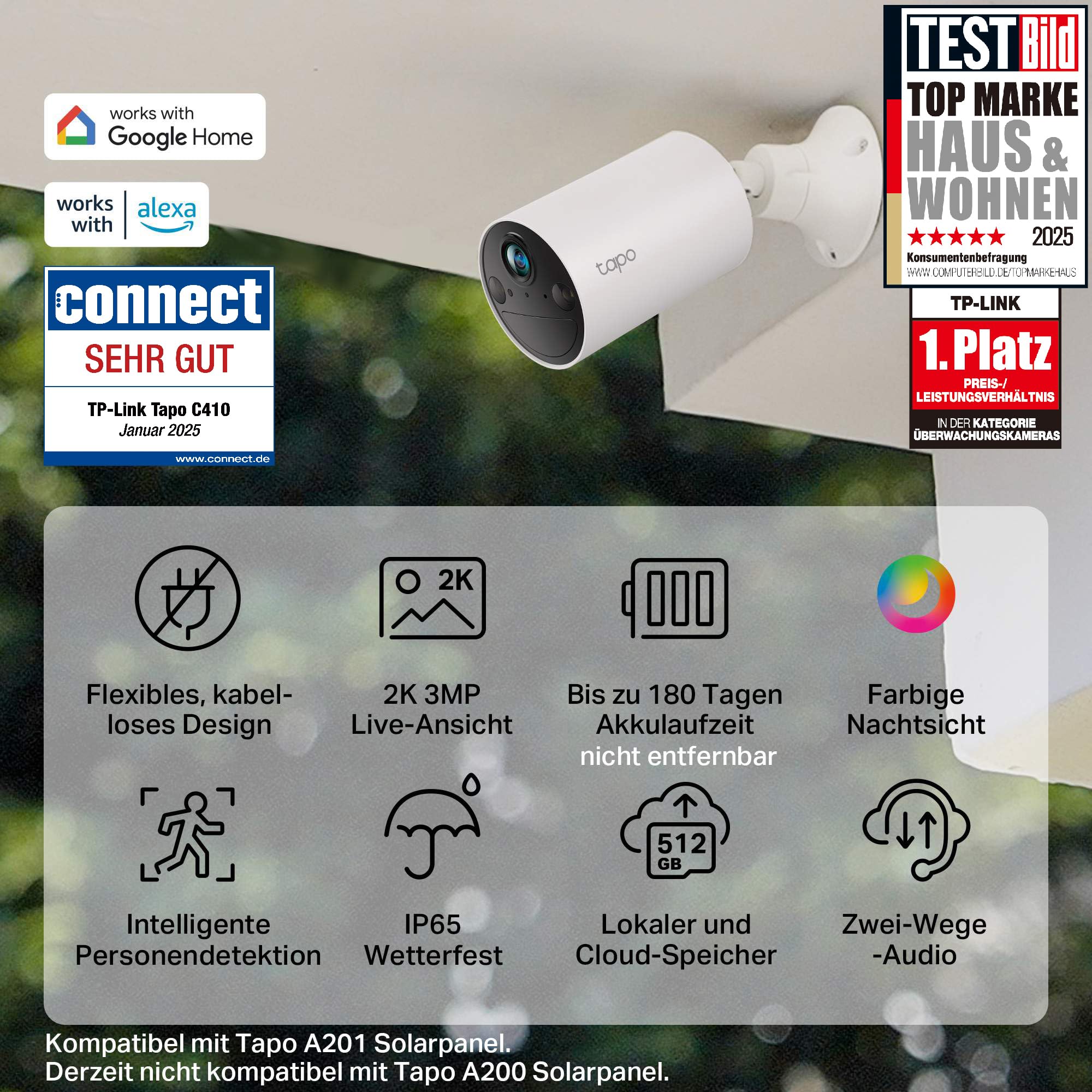 Tapo C410 Überwachungskamera Aussen Akku, 2K Auflösung, Farbnachtsicht, 6400-mAh intergrierte Akku, 2-Wege-Audio, Personenerkennung, Alexa&Google Assistant, 2,4 GHz WLAN, lokaler Speicher ohne ABO