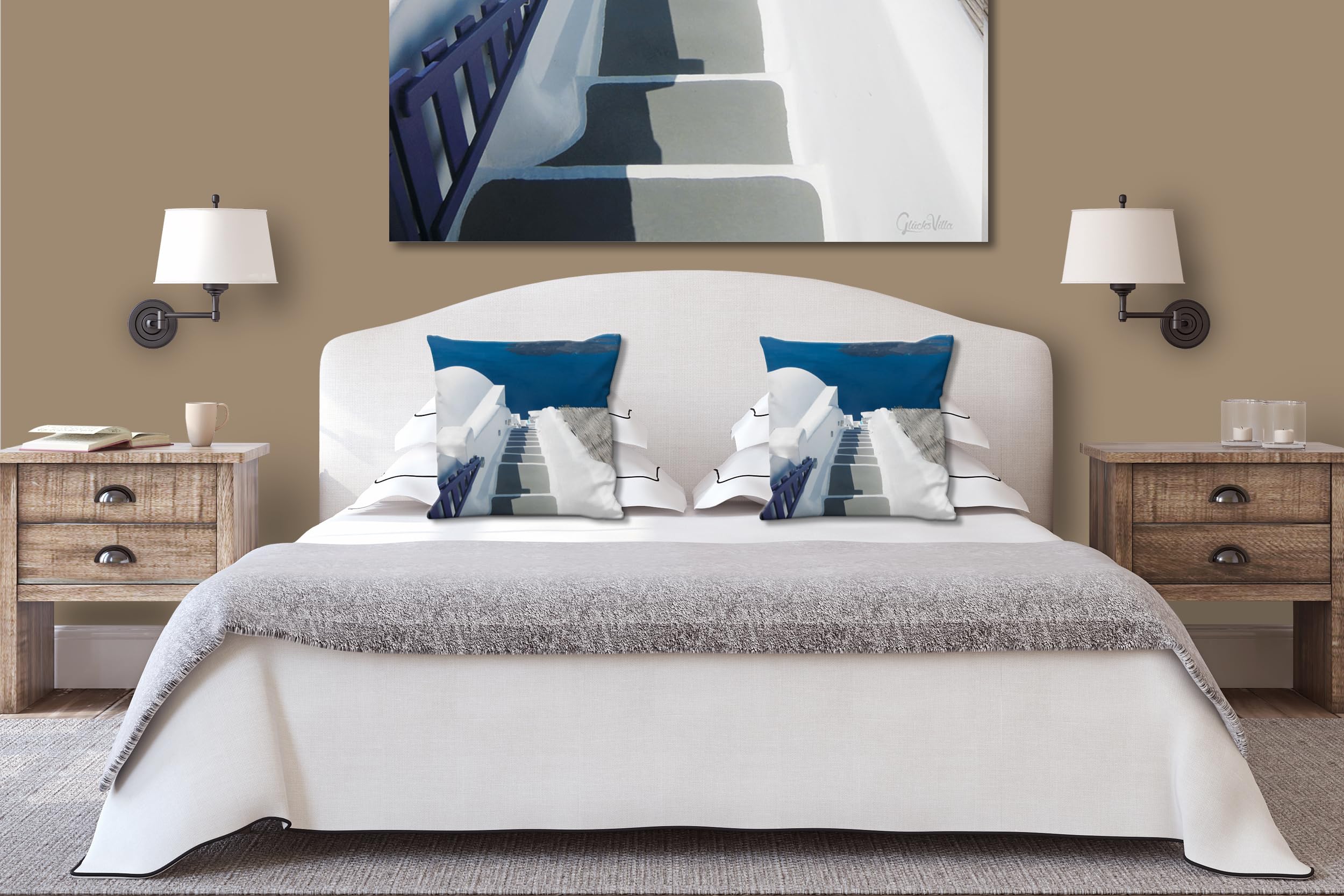 Santorin 1 - Foto-Kissen-Hülle Set (2 STK.) 40 x 40 cm | Kissen-Bezüge - passend zu Wandbild - Deko-Kissen - Griechenland Treppe Meer Insel