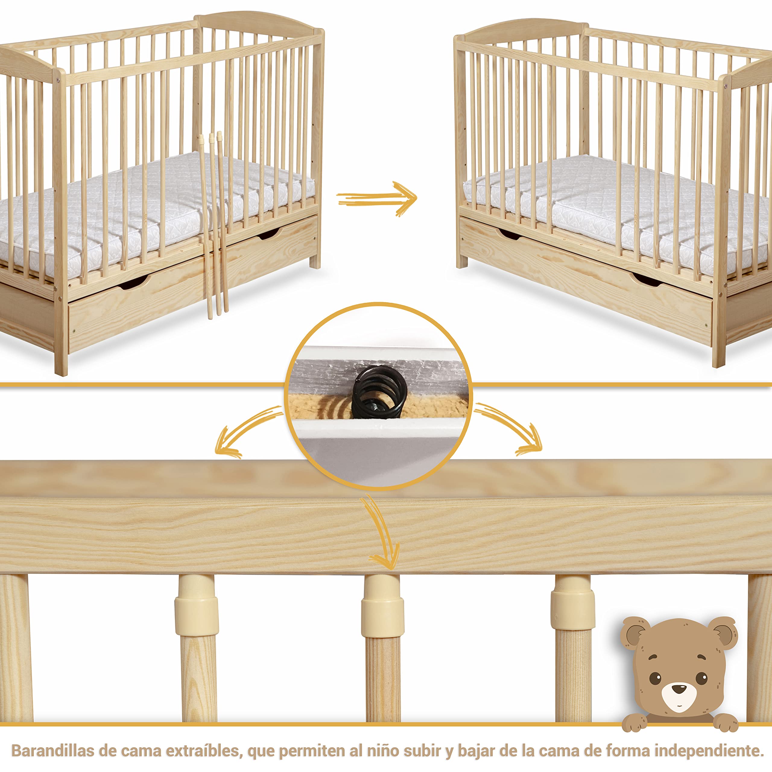 Cuna Bebe con Cajón - Cuna Bebe Madera con Barandillas de Protección - 60x120cm - Regulable en Altura - Cuna para Bebe Convertible en Cama Infantil - Cuna de Bebe para Niñas y Niños Marrón