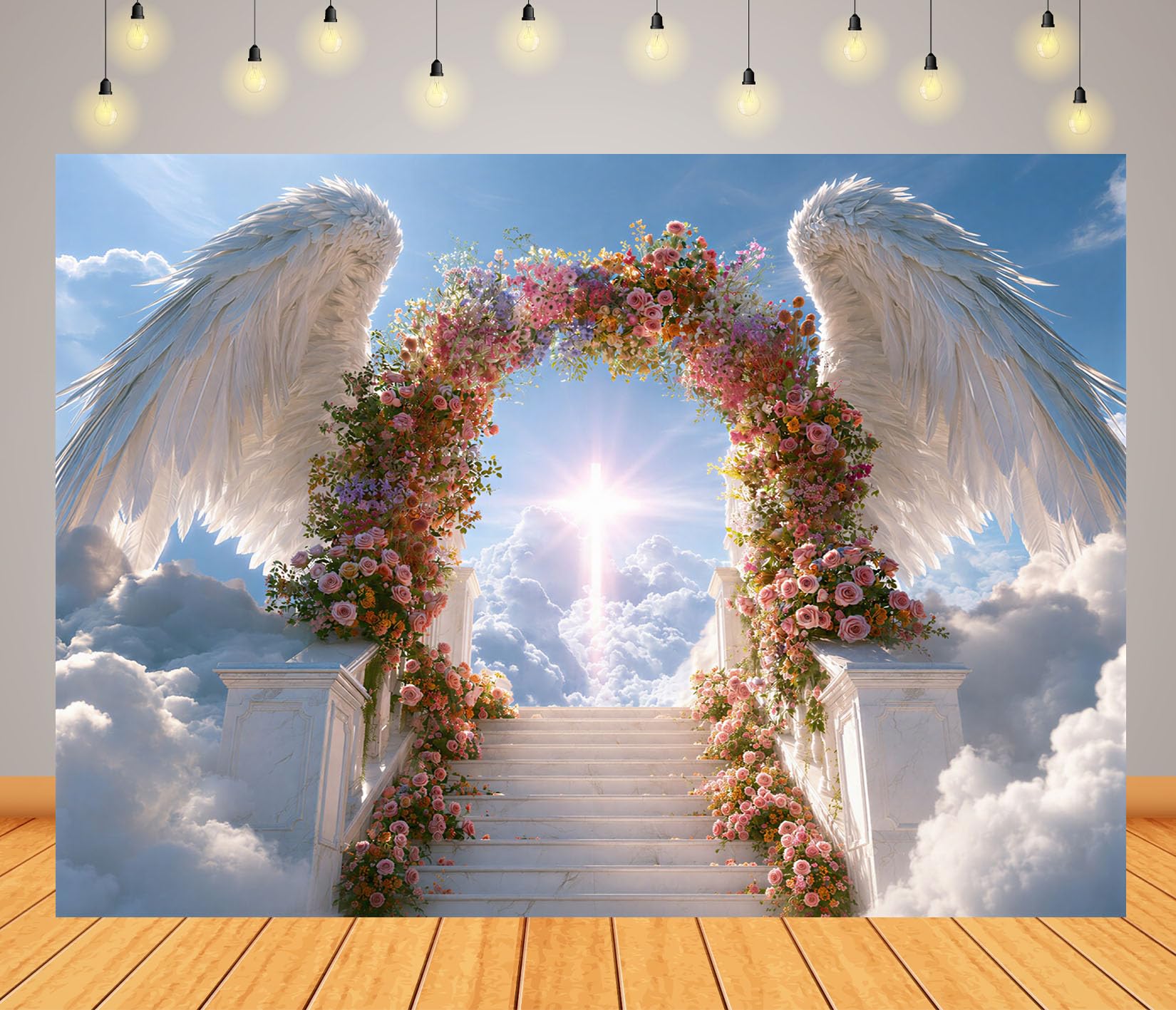 BELECO 3x2m Sfondo in tessuto Scala Verso Il Cielo Ali D Angelo | Arco Floreale Croce Luminosa Cielo Sfondo Decorazioni di Festa Striscia Accessori Fotografia