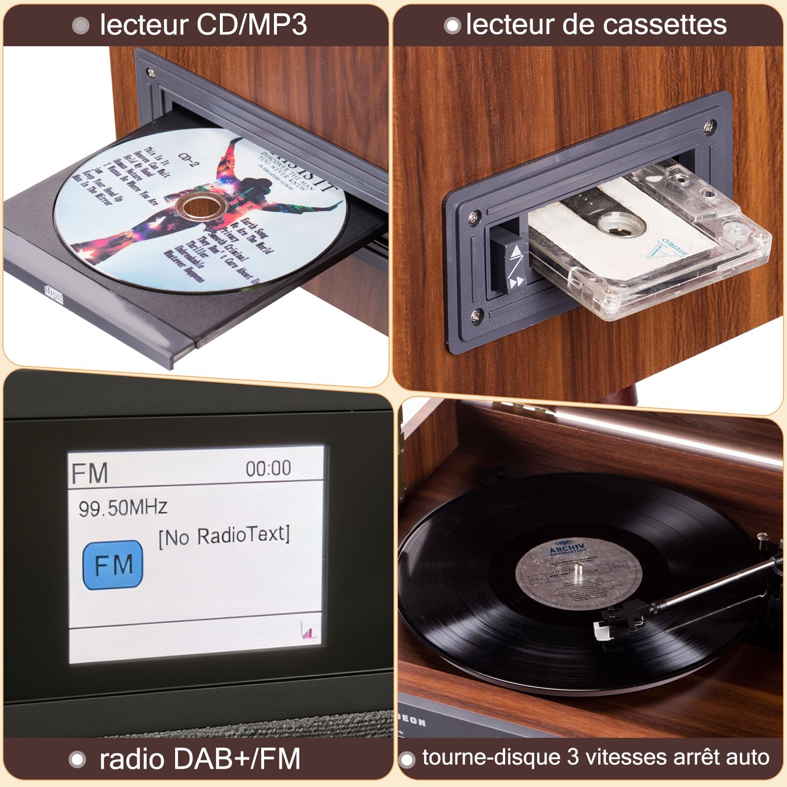 Chaîne Bois MC-278 Dab+/FM, Vinyle AT-3600L, CD/MP3, USB, Cassette 36W