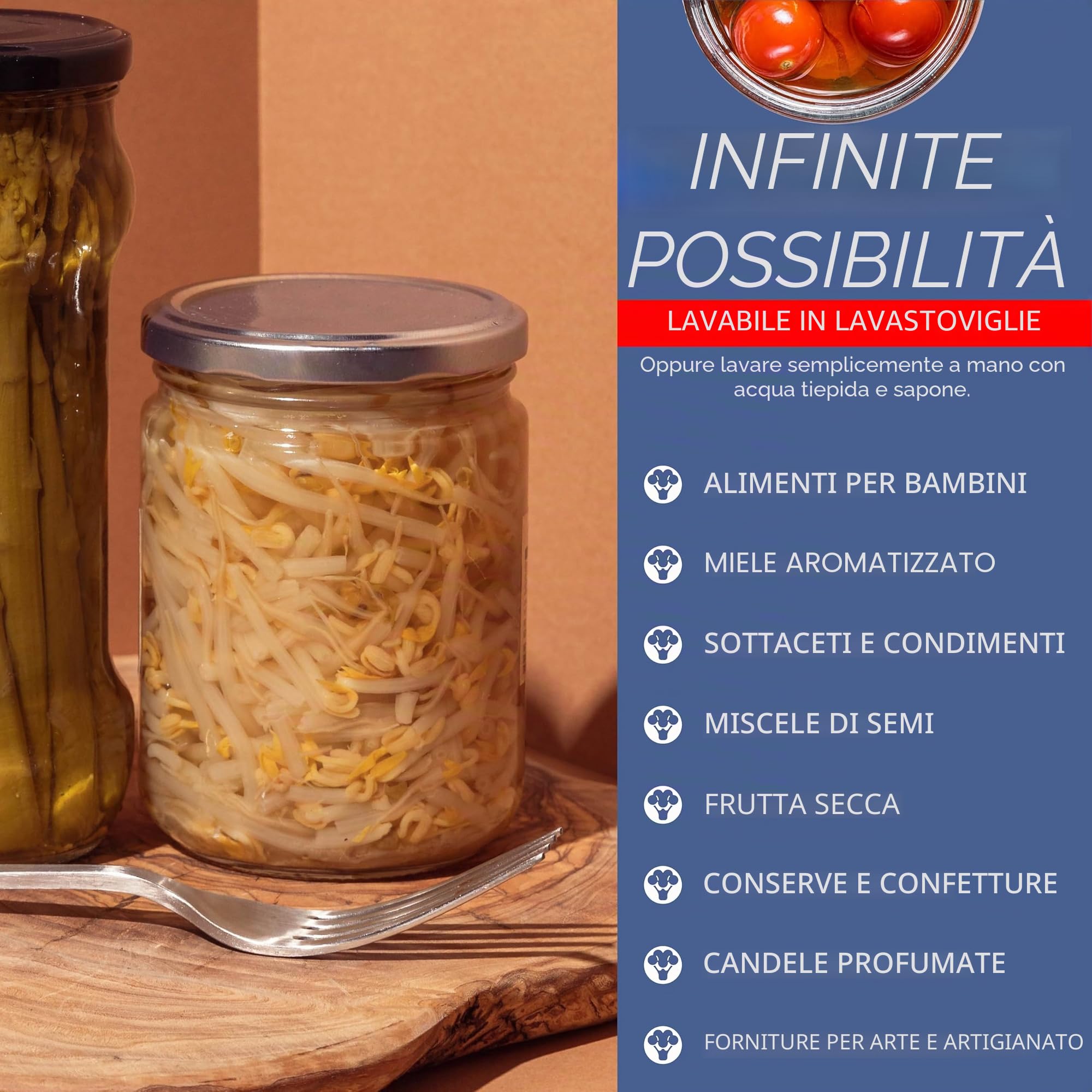 HEFTMAN Barattoli di Vetro con Coperchi - Confezione da 6 240ml Barattoli di Marmellata Riutilizzabili, Trasparenti, con Coperchi Ermetici Argentati, Etichette e Penna - Ideali per la Conservazione