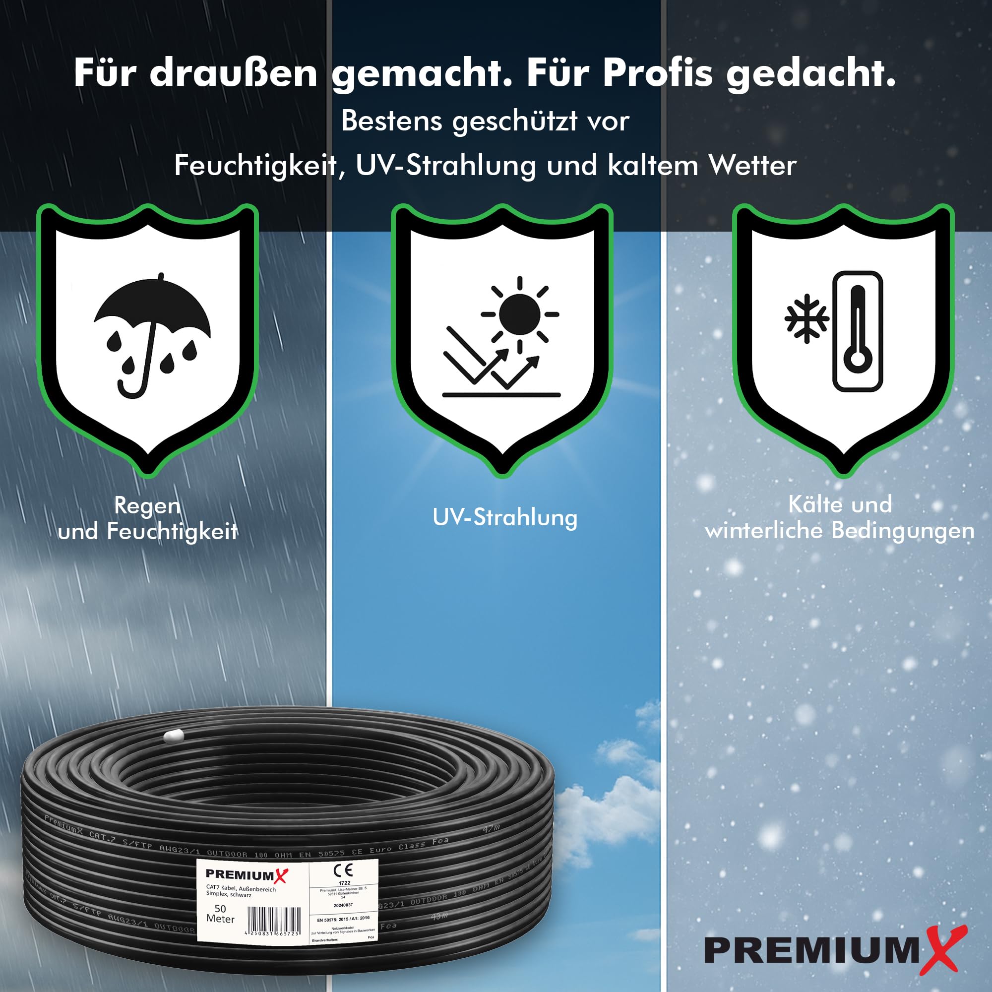 Premium X Cavo di rete CAT 7 per esterni, 50 m, 10 Gbps, cavo dati Ethernet, cavo LAN, per esterni, S/FTP AWG23/1, in rame puro, nero