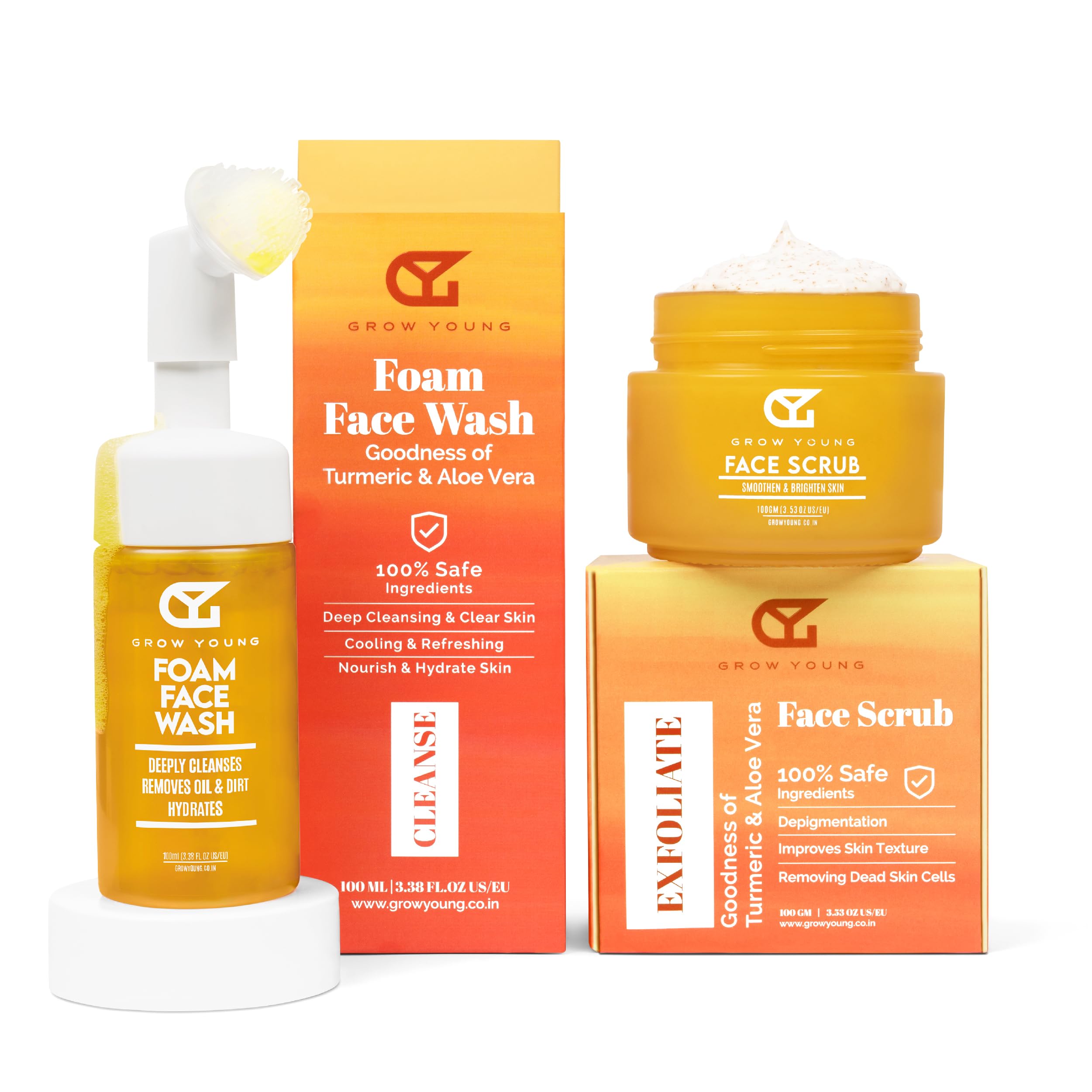 Grow Young Deep Cleansing Skin Care Set: Gentle Exfoliation, Clear Skin & Instant Brightness with Turmeric & Aloe Vera - Foam Wash (100 ml) + Face Scrub (100 gm)