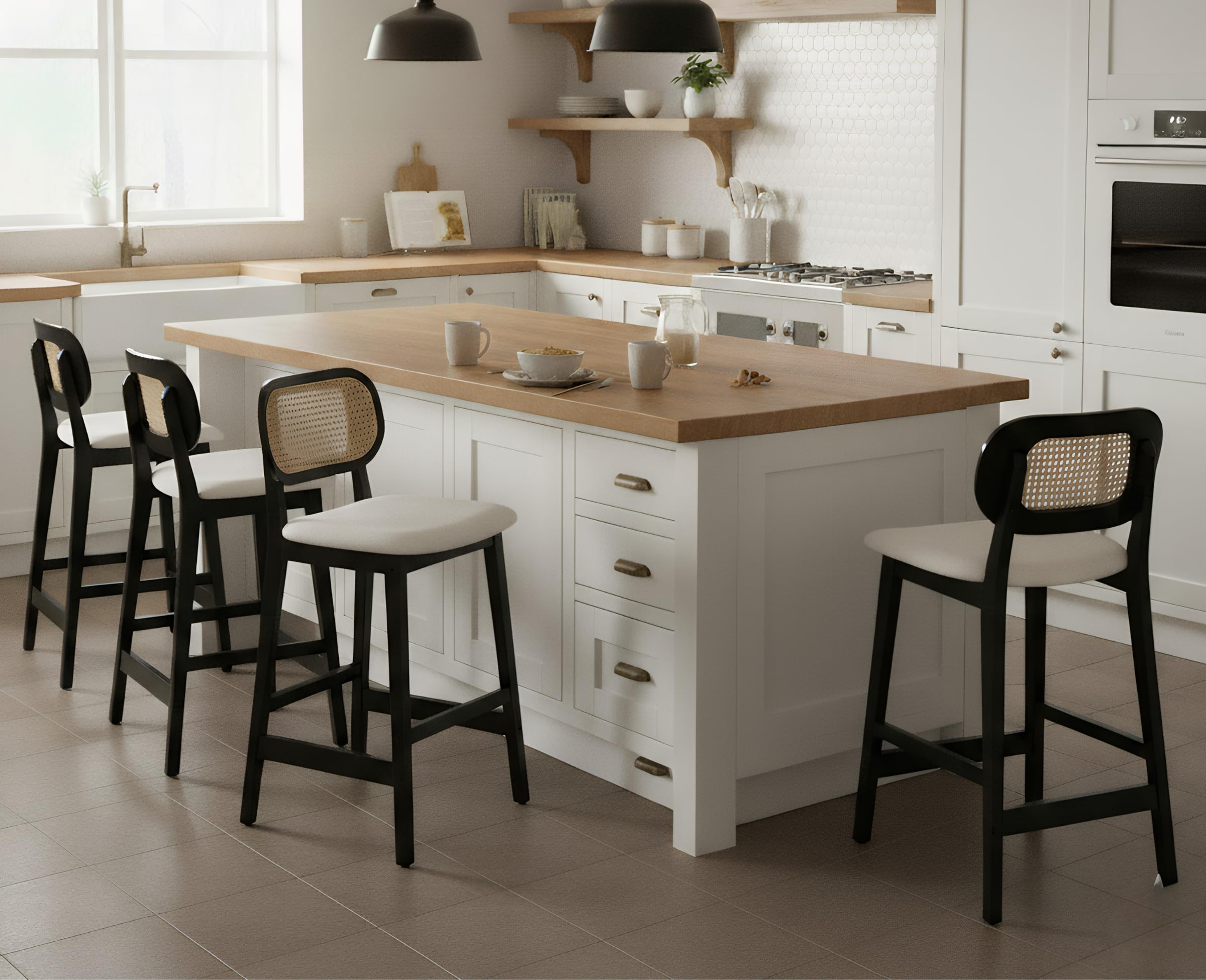 EALSON Counter Height Bar Stools Set of 4 Rattan Back Farmhouse Barstools Mid Century Modern Bar Chairs with Black Wood Legs Linen Upholstered Kitchen