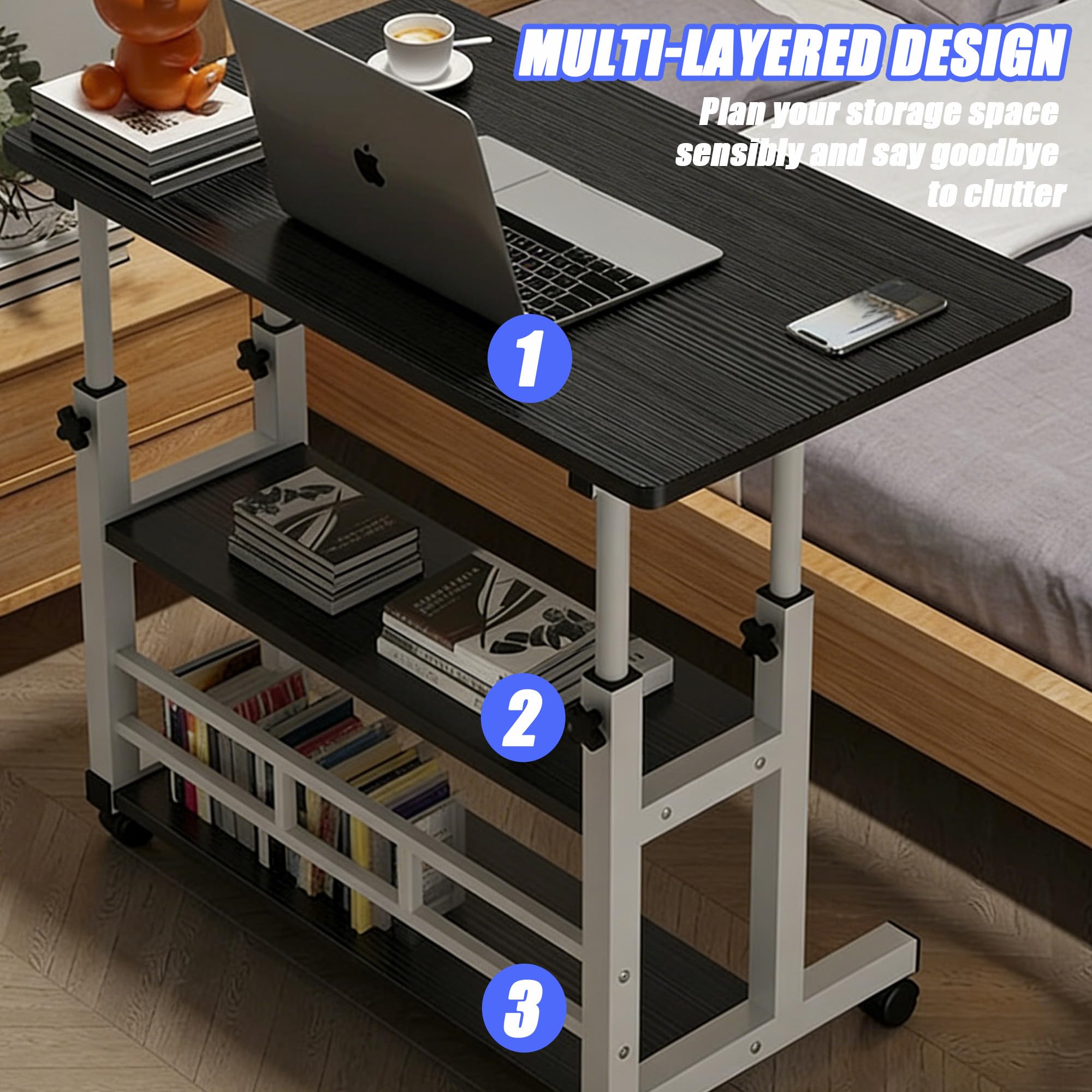 Verdego Höhenverstellbarer Schreibtisch, Beistelltisch mit Rollen, 2 Ablagen, PC Tisch 40 x 60 x 56-82cm, Platzsparender, Kleiner Mobiler Computertisch für Home Office, Sofa, Bett (Schwarz)