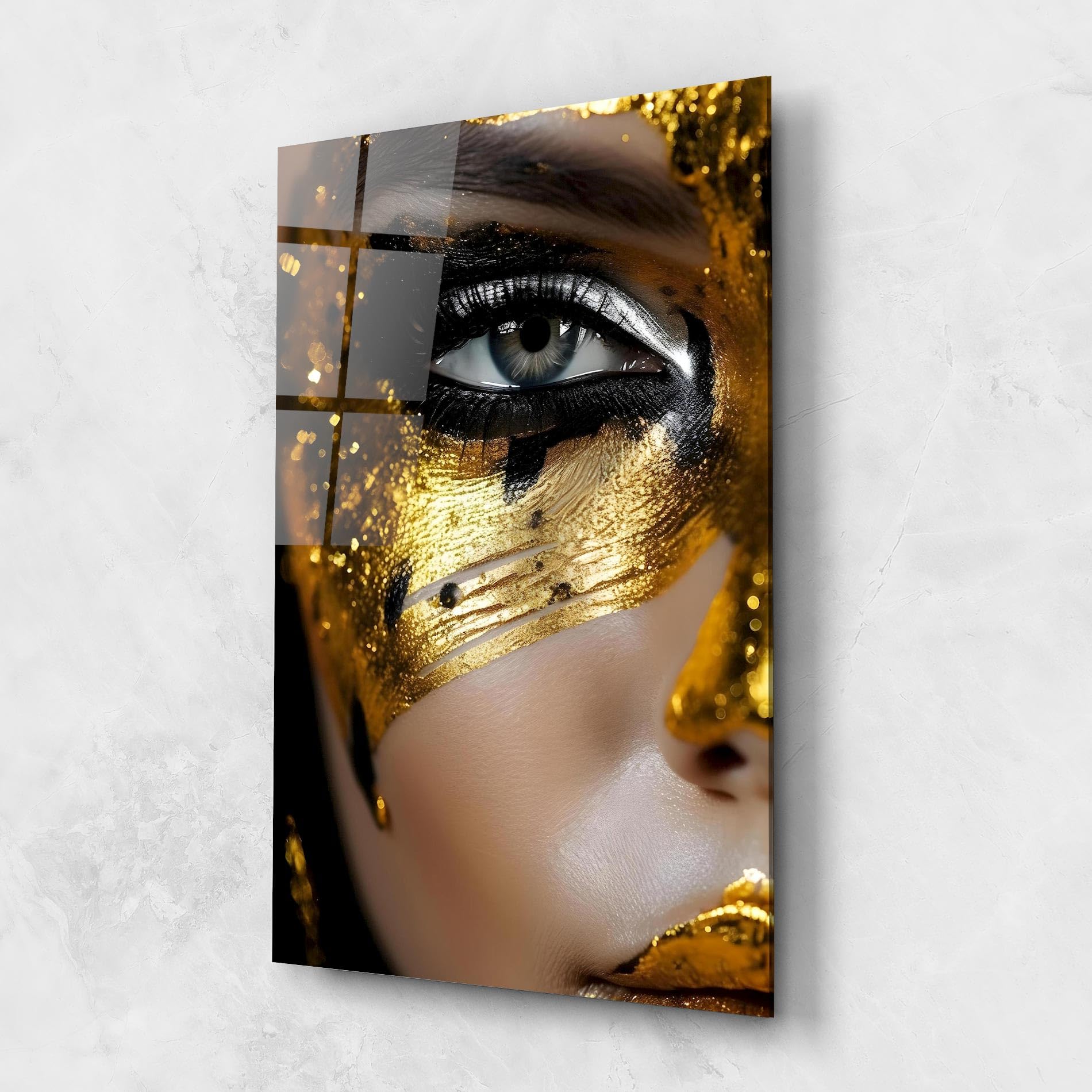 ARTHUB® Moderne impression sur verre 60x80 cm, 4mm verre trempé | Tableau en verre salon et chambre, Décoration murale moderne, Décoration intérieure, femmes, Black Gold Eyeliner