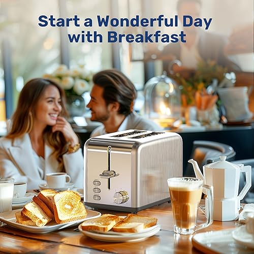 Miniatura 8 de YSSOA Tostadora de 2 rebanadas con 6 ajustes de tostado y 3 funciones, ranura extra ancha y bandeja extraíble para migas, estilo retro de acero