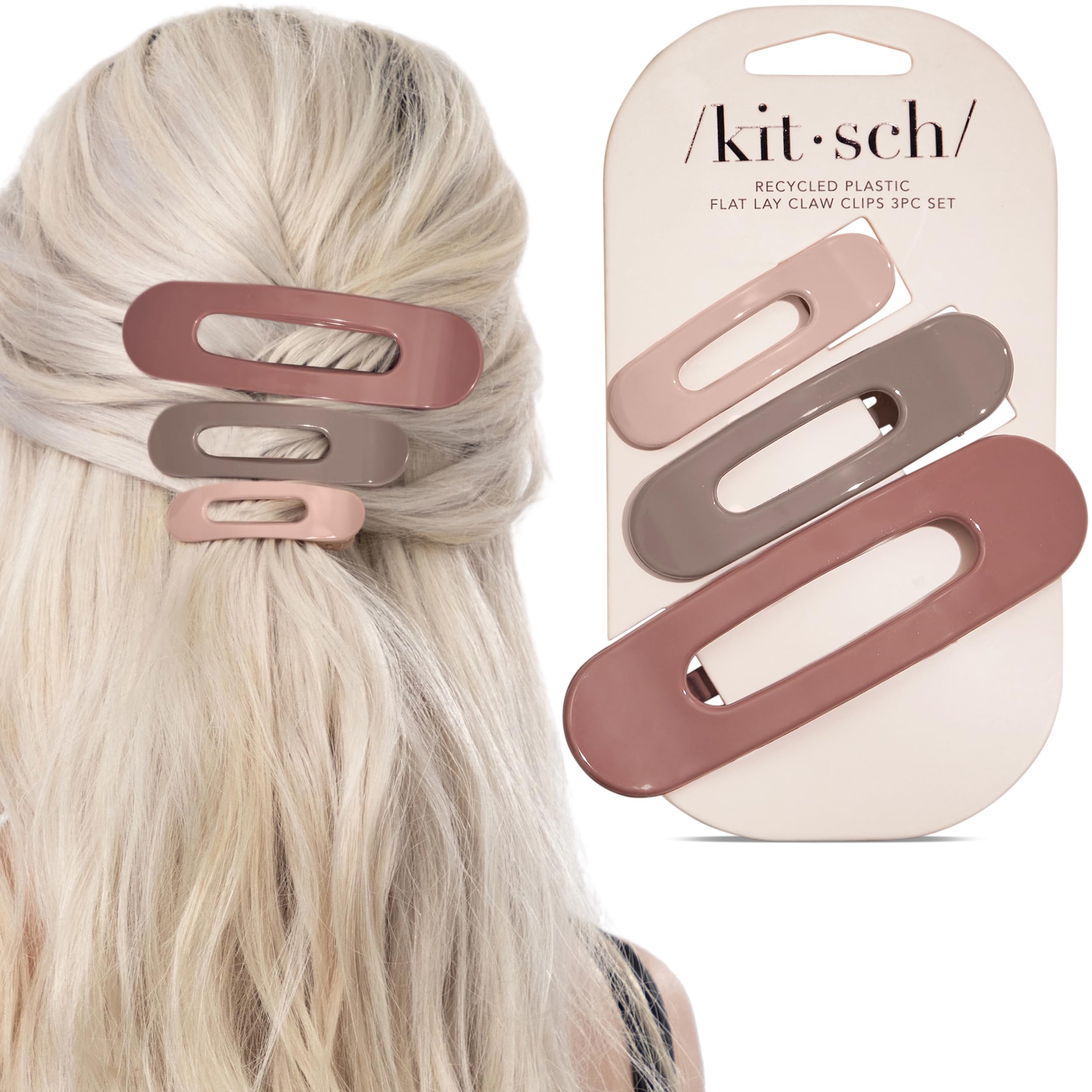 Kitsch 3pc Terracotta Flat Hair Clips for Women, Recycled Lay Flat Claw Clips for Thick & Thin Hair, Hair Accessories for Girls
