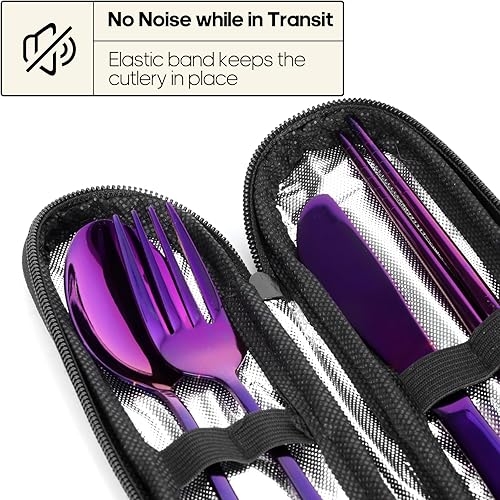 Miniatura 10 de Quatish - Utensilios de viaje con estuche, juego de cubiertos portátiles para el trabajo, juego de cubiertos de viaje reutilizables de acero