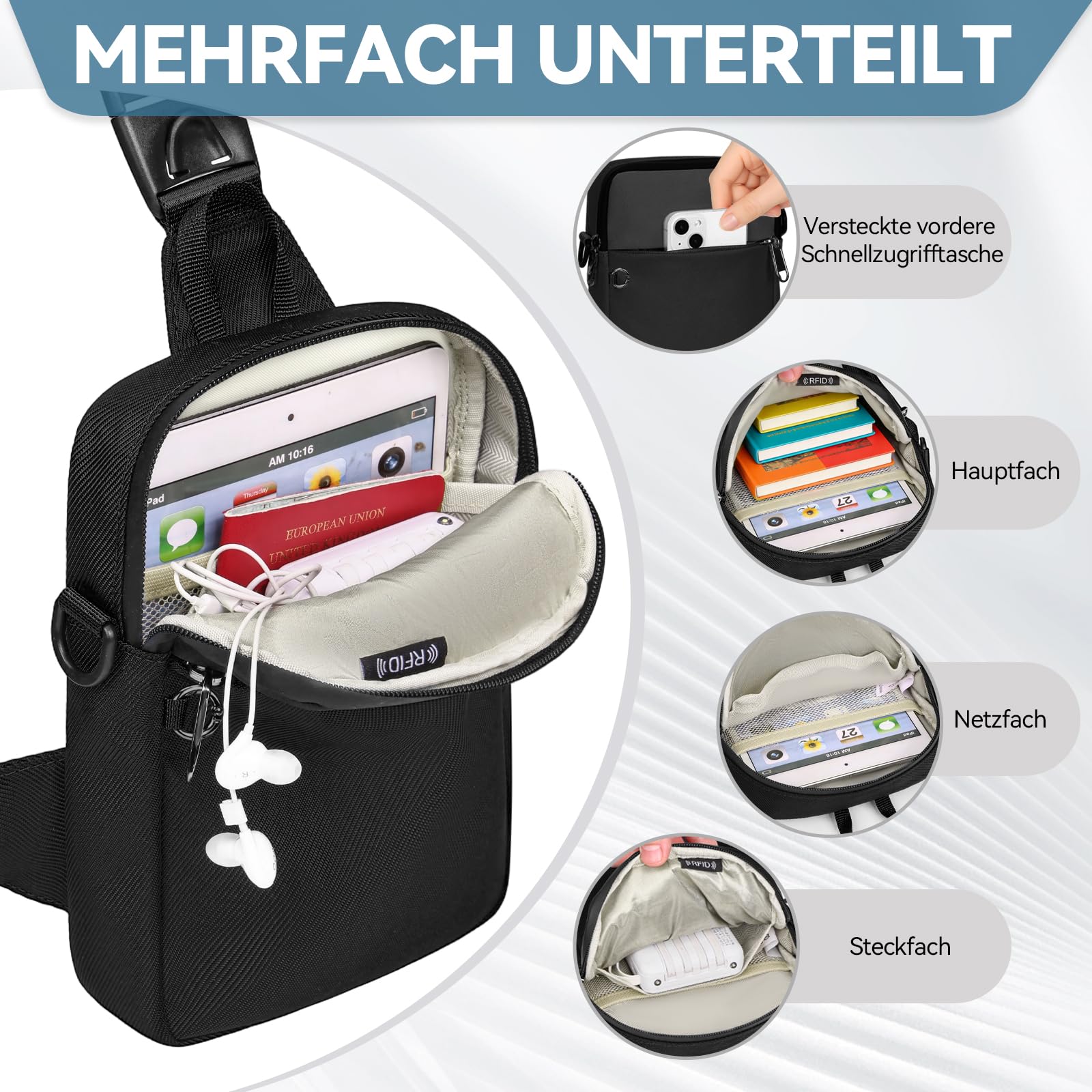 Eshow Umhängetasche Herren Damen, Anti-Diebstahl Brusttasche Schultertasche Wasserdicht Klein, Crossbody Sling Bag mit RFID-Schutztasche und Sicherheits-Reißverschluss für Reisen Outdoor Schwarz