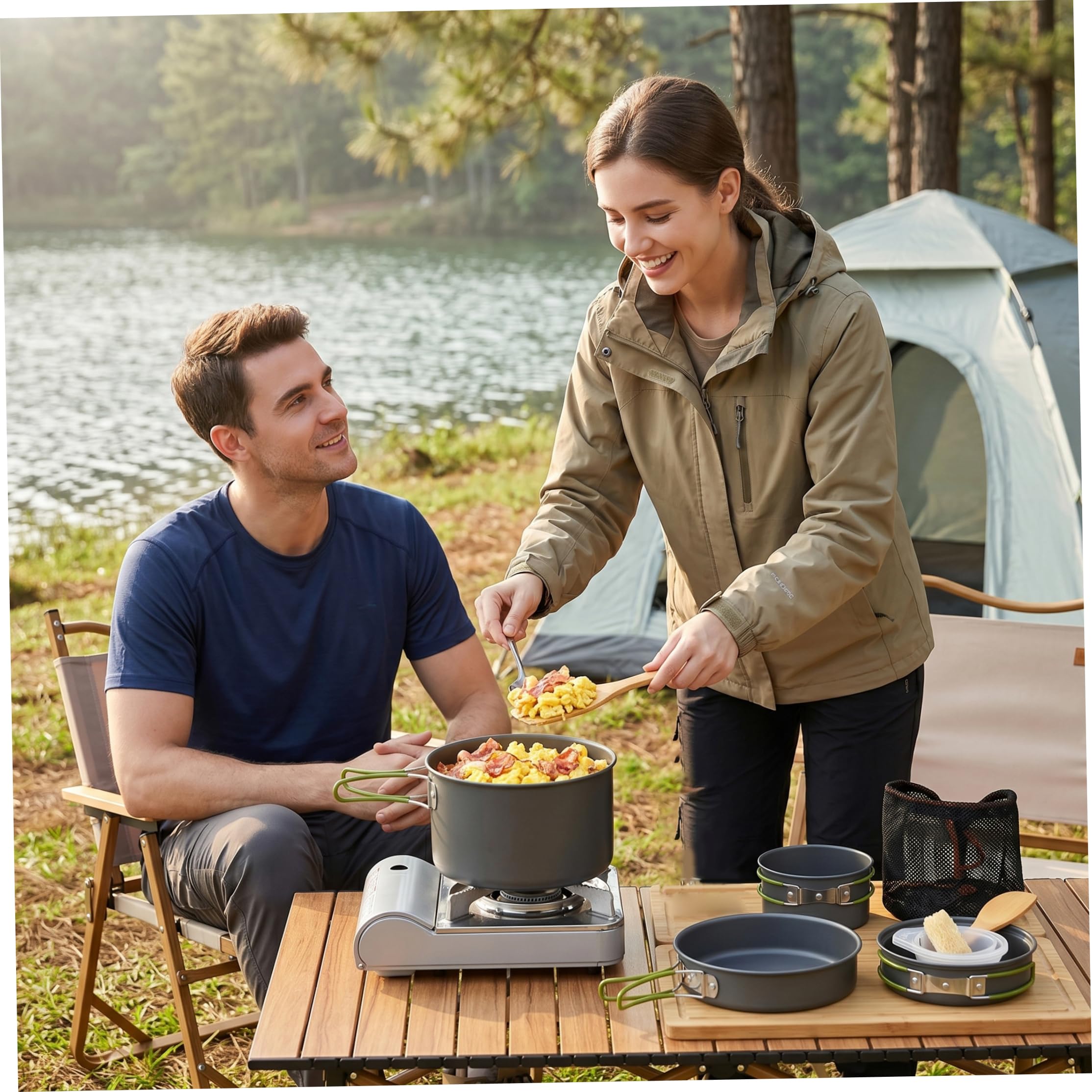Juego de ollas y sartenes de camping, juego de cocina portátil para 2 a 3 personas, ollas y sartenes de aluminio ligero con asas plegables para senderismo y picnic