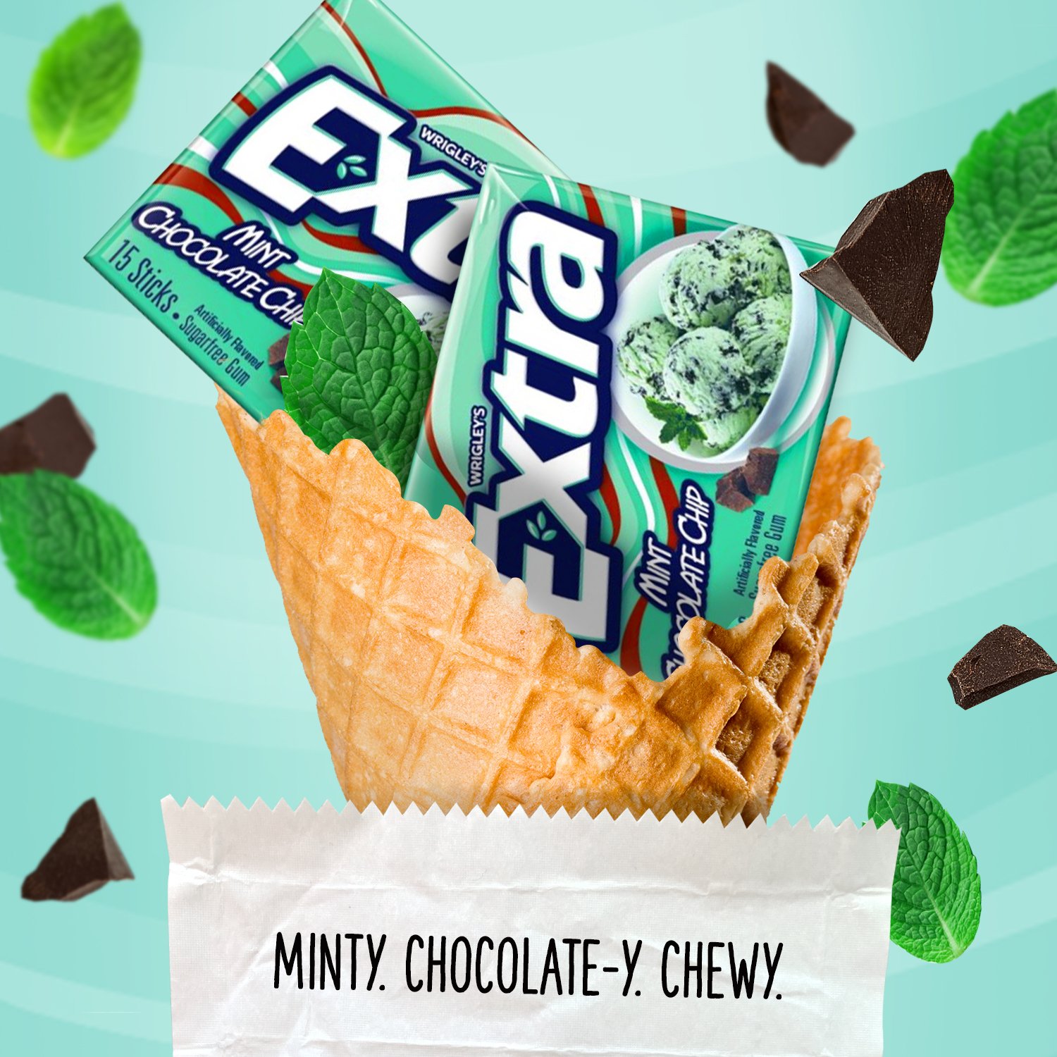EXTRA Mint Chocolate Chip Sugar Free Chewing Gum, 15 Pieces (10 Pack