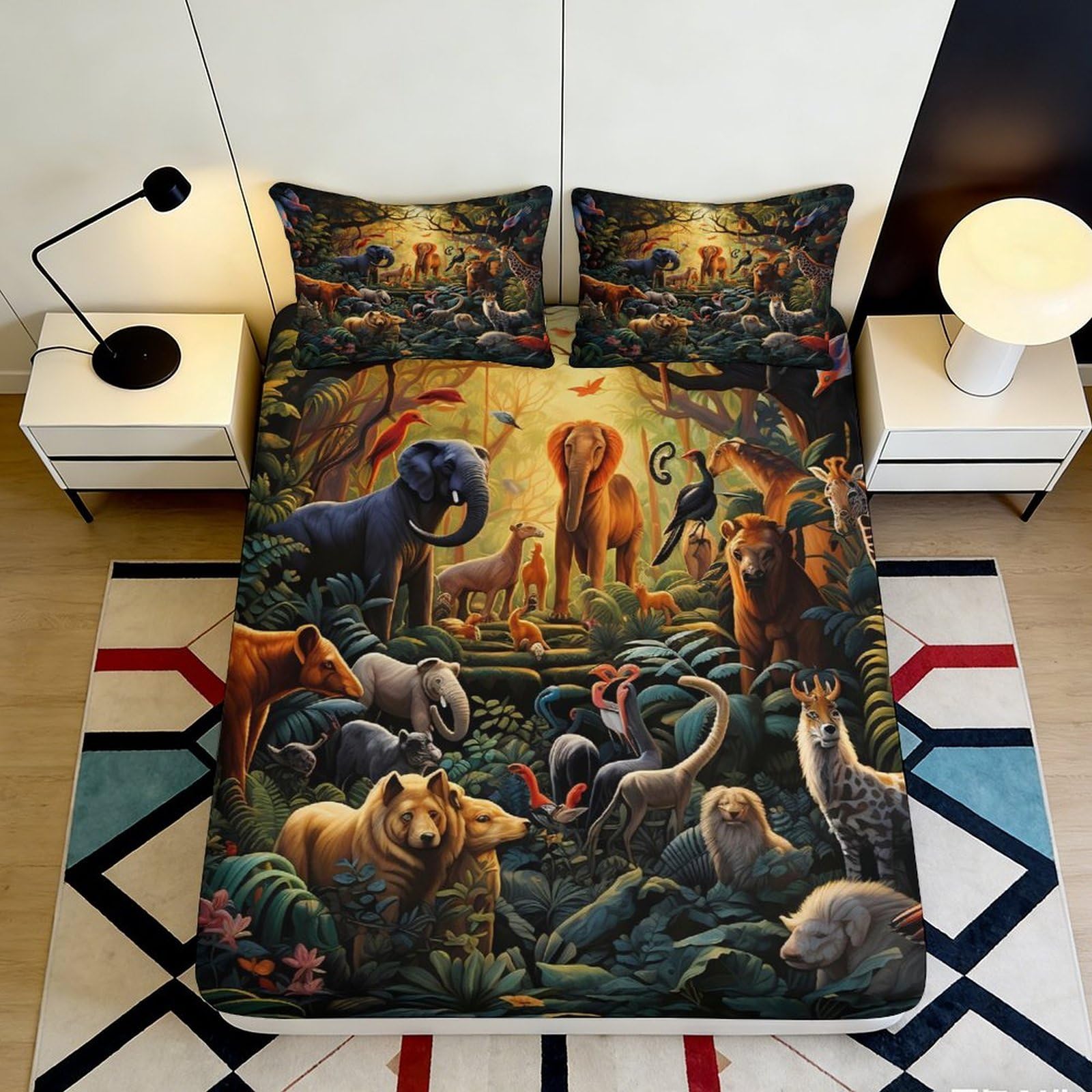 3D Printed Safari Animal Fitted Sheet Microfiber Soft Jungle Wildlife Mattress Cover for Bedroom Dorm Decor 90x200x25cm