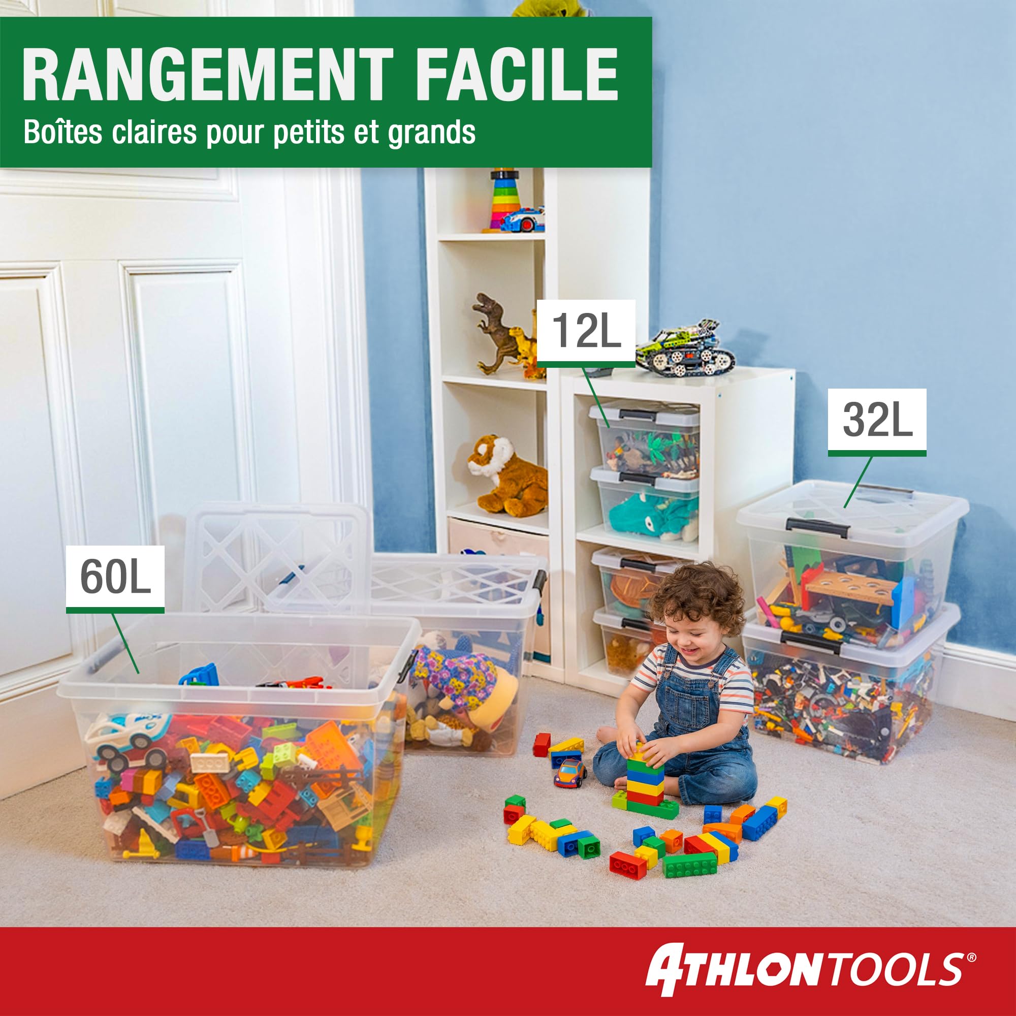 ATHLON TOOLS 4 boîtes de rangement de 12,5 l avec couvercle, de qualité alimentaire, clips de fermeture, 100% neuf, boîte en plastique transparente, boîtes à vêtements empilables