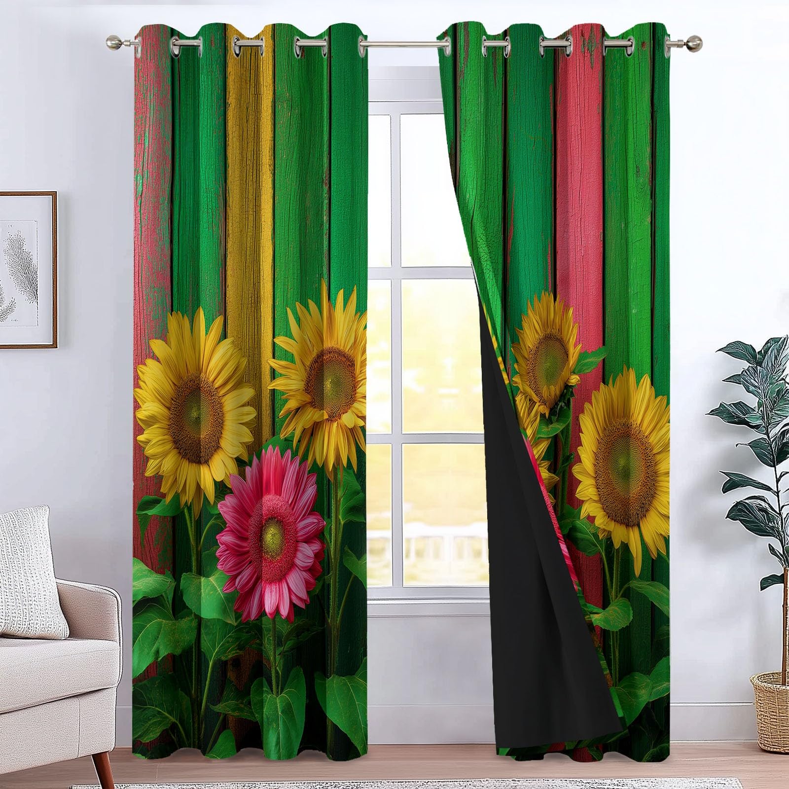 Generisch Ländliche Umgebung Holzplanken Sonnenblumen Vorhänge mit Ösen Blickdichte Gardinen Thermo Vorhang Dekor für Schlafzimmer Wohnzimmer Oberzimmer Verdunklungsvorhänge 2er Set, H215 x B110 cm
