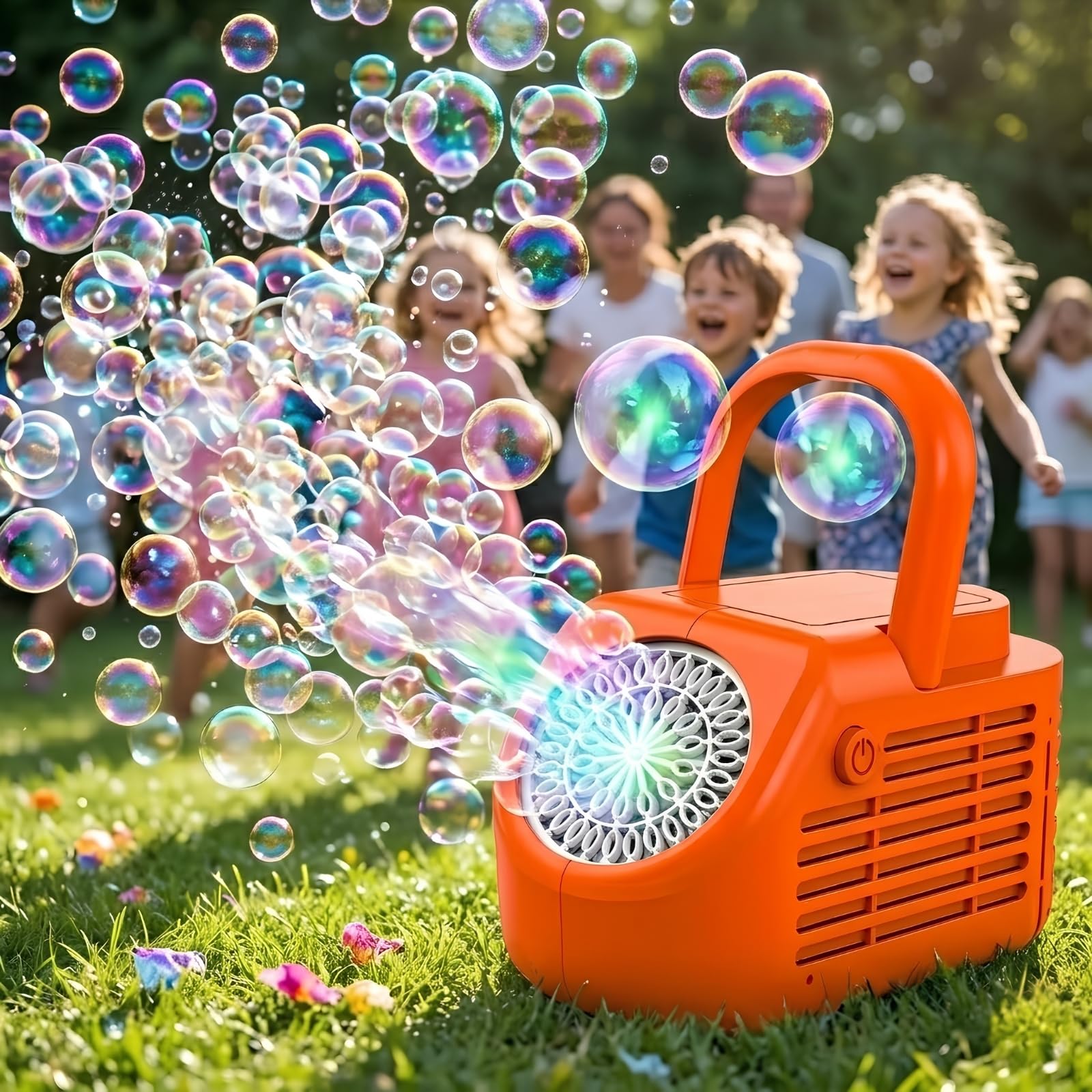 Máquina de Burbujas de Escenario Portátil de 42 Orificios, Soplador Automático Recargable por USB con Luces LED, para Niños, Cumpleaños, Fiestas, Jardín, Exterior y Celebraciones (Naranja)