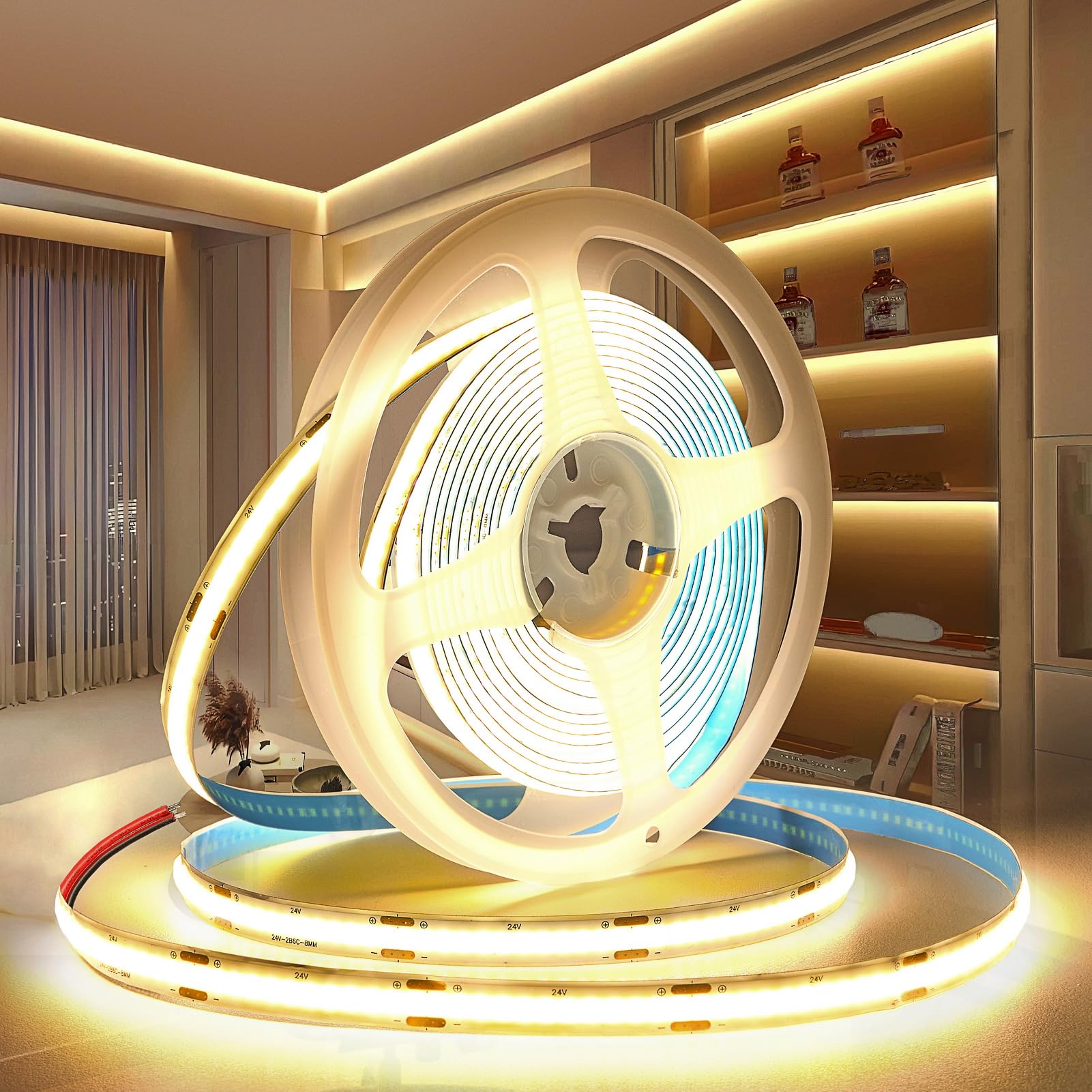 PERVADEO 12V COB LED Strip Lights 10M/32.8ft, 3000K Warm White 8mm Width LED Strips Super Bright LED Tape Lights Uniform Dotless for Bedroom Under Cabinet Kitchen DIY Lighting(No Power Supply)