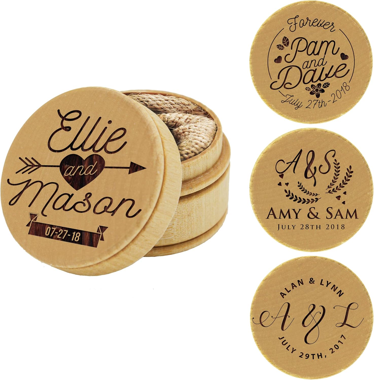 The Wedding Party Store, Custom Engraved Ring Box Holder - Personalized Rustic Round Wood Ring Bearer Wedding Box