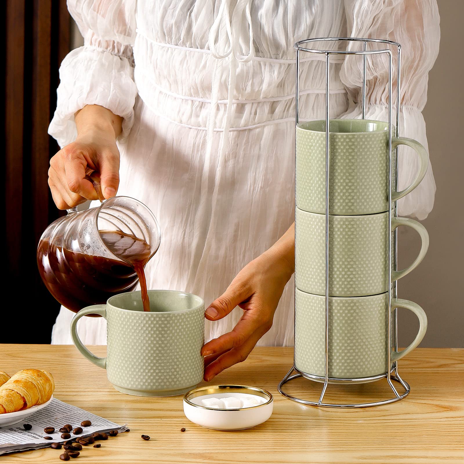 Hasense Juego de 4 tazas de café con estante, tazas de café grandes apilables de porcelana de 15 onzas con asa para bebidas como té, capuchino, leche, moca y cereales, aptas para microondas y