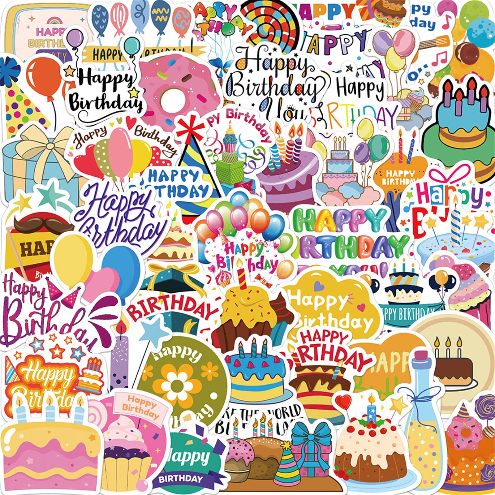 Happy Birthday Stickers, 50 PCS Vinyl Adhesive Stickers for Adults Teens Kids Celebration Stickers for Gift Cards Envelope Seals DIY Craft Decoration
