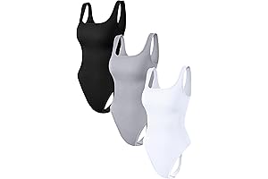 Women's Sexy Bodysuit 3-Piece Set: Ribbed Sleeveless Square Neck Stretch Tank Tops and Thongs