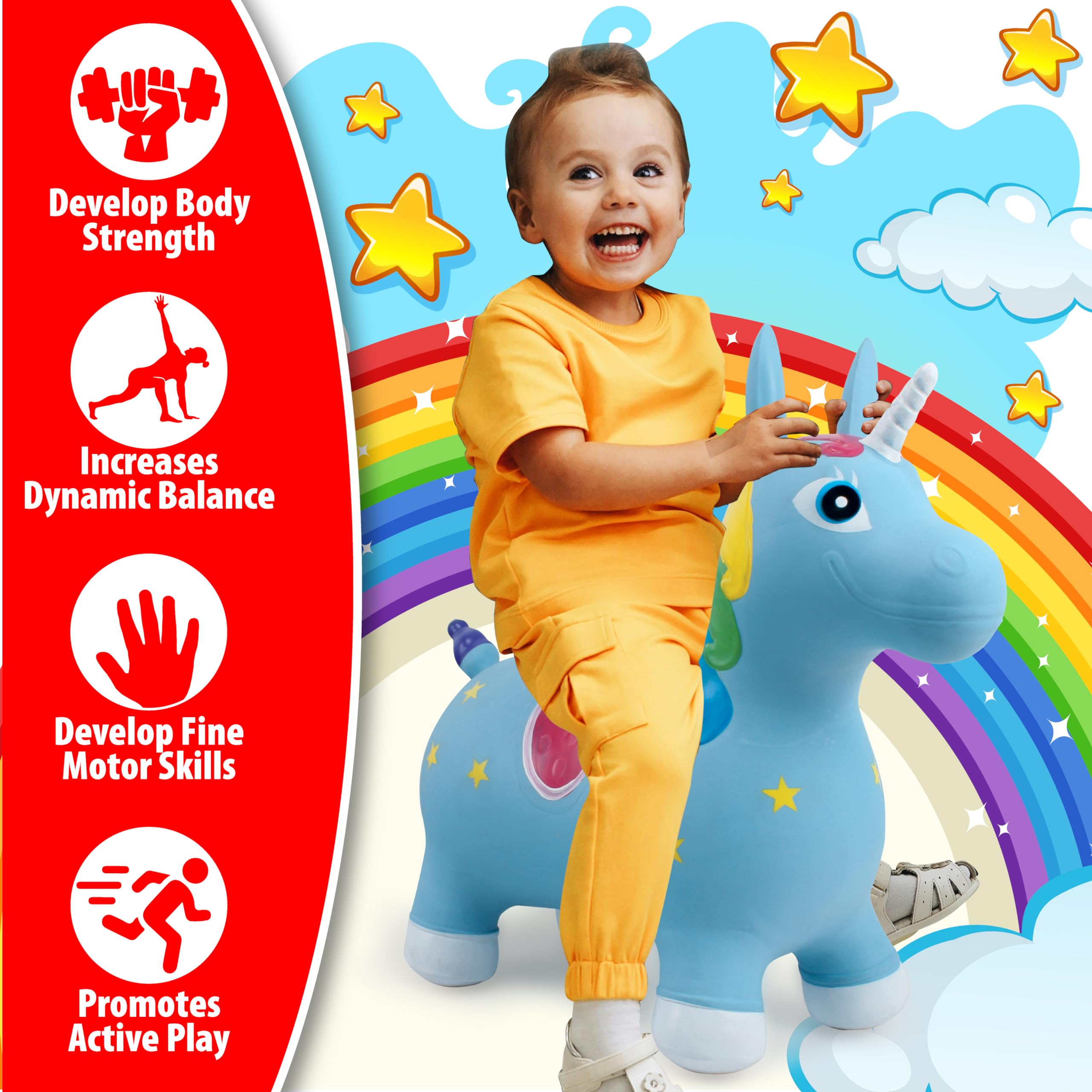 Small World Toys Bouncy Unicorn Horse, Ride on Bouncy Animals for Toddlers 1-3, Gertie Inflatable Hopping Toy with Pump, Bouncing Animal Hopper Birthday Gift for Kids Toddlers Boys Girls