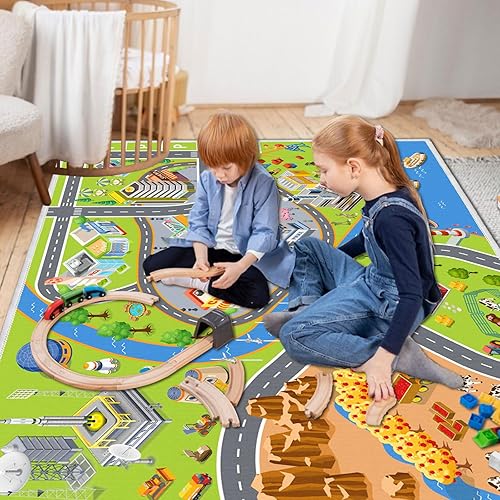 Miniatura 5 de Alfombra de juegos para niños, alfombra de carretera para automóviles de juguete para niños, alfombra de automóvil para sala de juegos, alfombra de