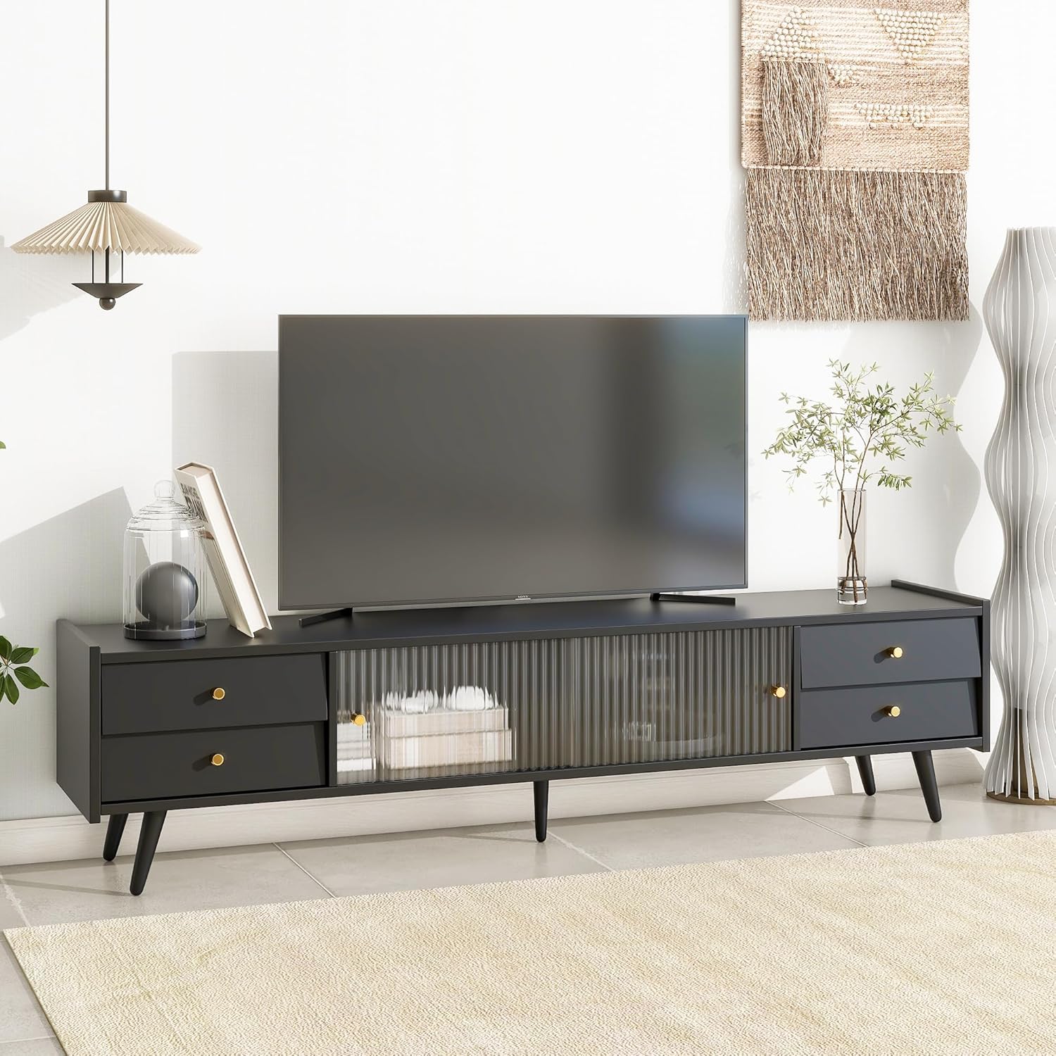 YardGo TV Stand for 70 Inch TV 67'' Modern TV Stand with 2 Sliding Glass Doors and 4 Drawers, Entertainment Center Wood Media Console for Bedroom, Living Room, Black