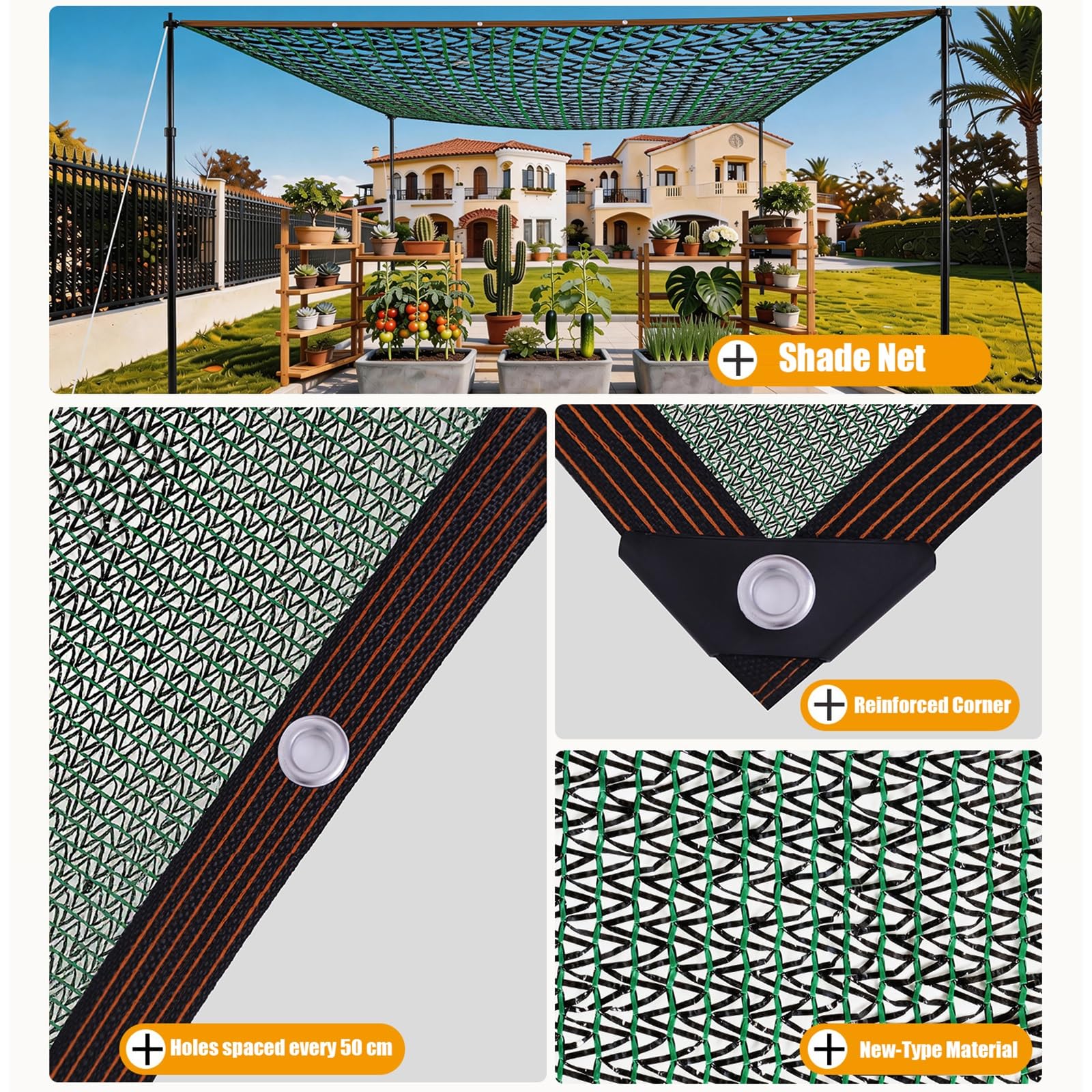 Toile d'ombrage HDPE 4x7m, Filet d'ombrage pour jardin 50% avec œillets, Bâche d'ombrage 2x4m, 5x7m, 7x12m, 8x20m