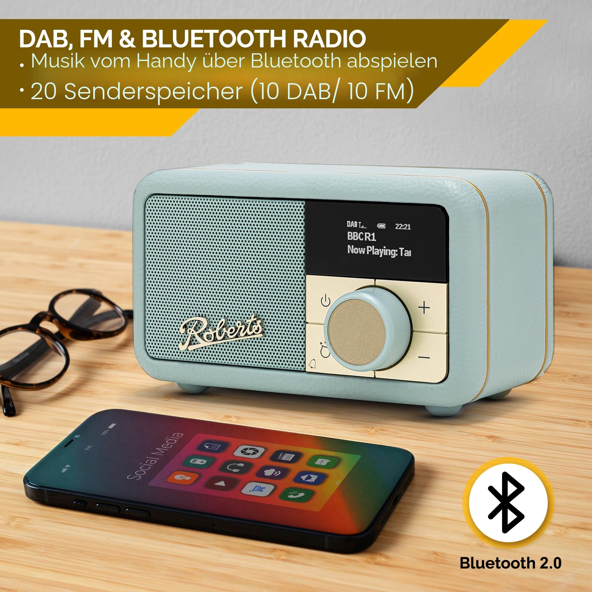 Roberts Revival PETITE2 FM/DAB/DAB+ Digitalradio mit Bluetooth, Duck Egg