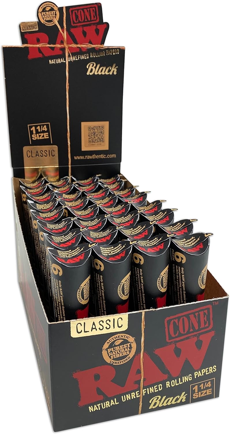 RAW Classic Black Natural Prerolled Cigarette Paper Cones with Tips | 1 1/4 Size | Full Box (32 Packs of 6 Cones, 192 Total) | Includes Pre Rolled Cones and ARC Scoop Card
