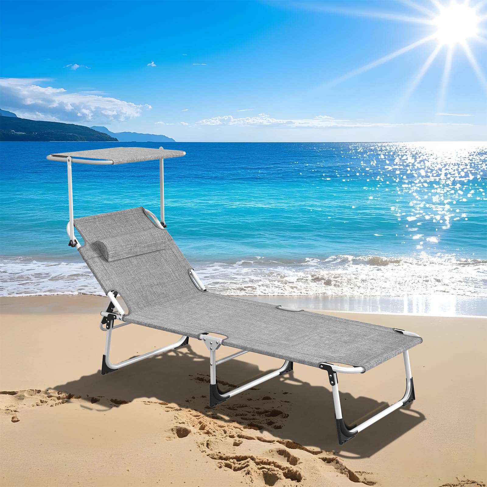 2er Set Sonnenliege Extra Breit 195x69x29, Liegestuhl Leicht mit Dach-Kopfkissen-Seitentasche, Verstellbarer Rückenlehne, Gartenliege, Strandliege Tragbar für Strand, Klappbare Sonnenliege, Leinengrau