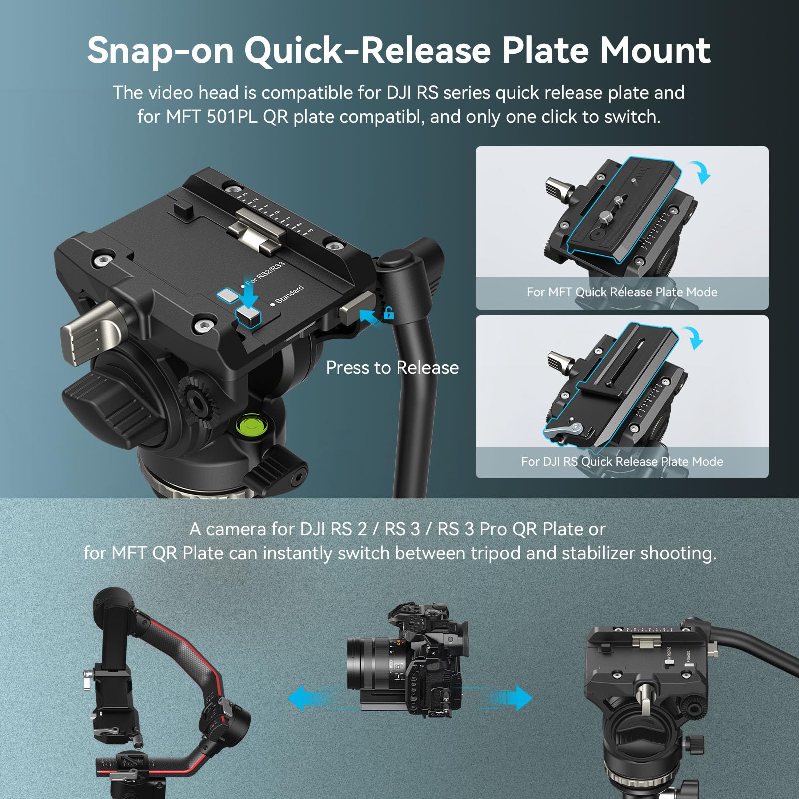 SMALLRIG Tripod de Video Resistente AD-50Pro, Trípode Liviano de Fibra de Carbono con Ajuste de Altura de Un Solo Paso FreeSpeed, Cabezal Fluido, Placa QR de Modo Dual, Columna Central - 4420