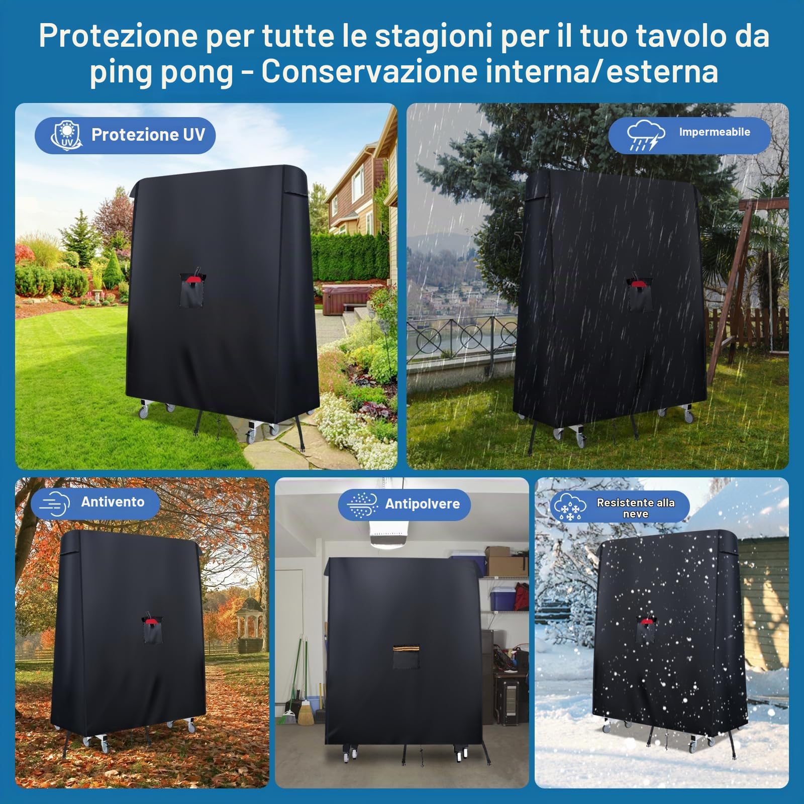 Copertura impermeabile per tavolo da ping pong, 420D, con 2 fibbie antivento, tasca per pagaia e presa d'aria, copertura universale per tavolo da ping pong, 165 x 70 x 185 cm