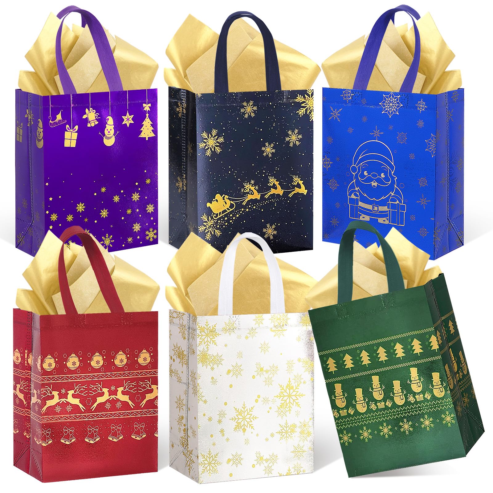 6Pack Christmas Bags for Gits Medium Size with Tissue Paper - Reusable Non-Woven Tote Bags with Handles - Perfect for Gift Wrap/Party Favor Supplies - 10.2" x 8.3" x 4"