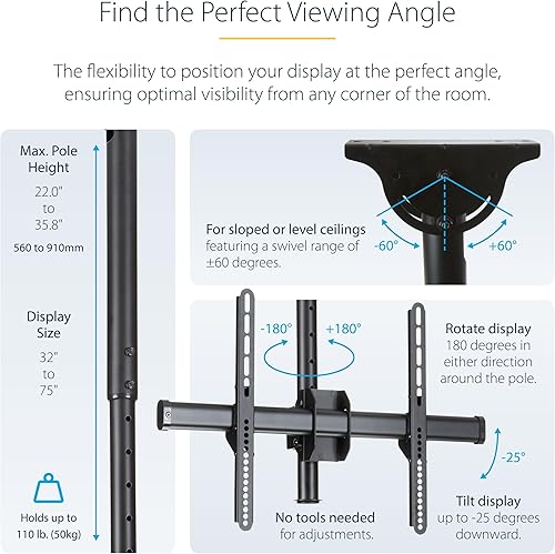 Miniatura 4 de StarTech.com Soporte de techo para TV, soporte de pantalla única para televisores de 32 a 75 pulgadas, poste telescópico ajustable en altura