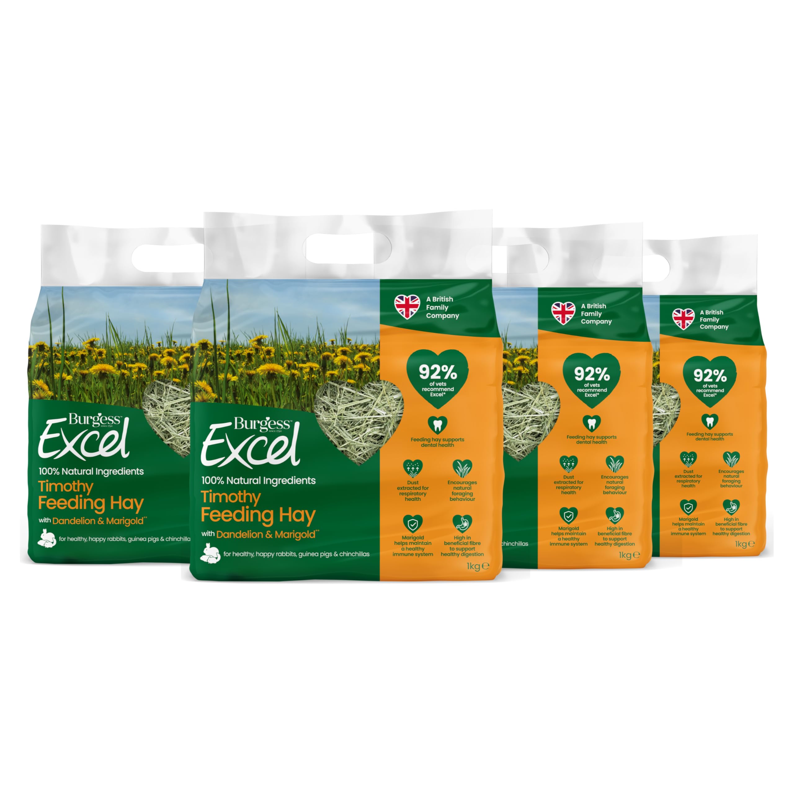 Burgess Excel Dandelion & Marigold Timothy Feeding Hay, 4kg – Dandelion & Marigold Feeding Hay for Rabbits, Guinea Pigs & Chinchillas - Dust Extracted (Pack of 4)