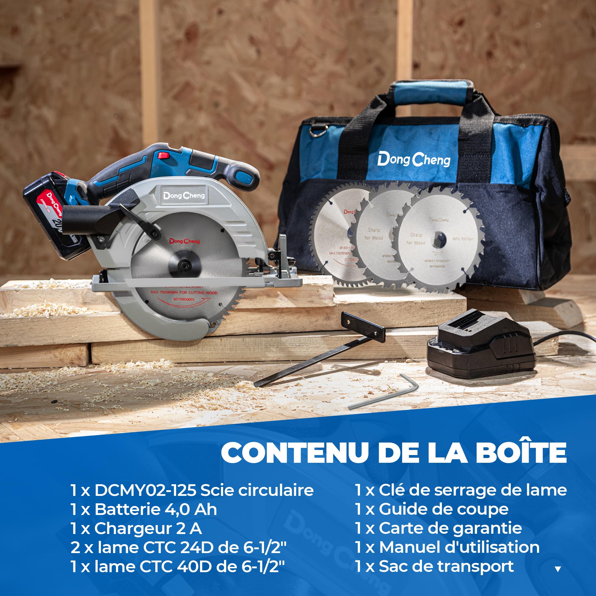 Dong Cheng Scie Circulaire Sans Fil Ø185 mm, 5000 RPM, Profondeur Coupe 65(90°)/45mm(45°), Avec 3 lame de scie Ø 185 x Ø 20 mm et Rail Guide, pour Bois, Carrelage, Métal Mou