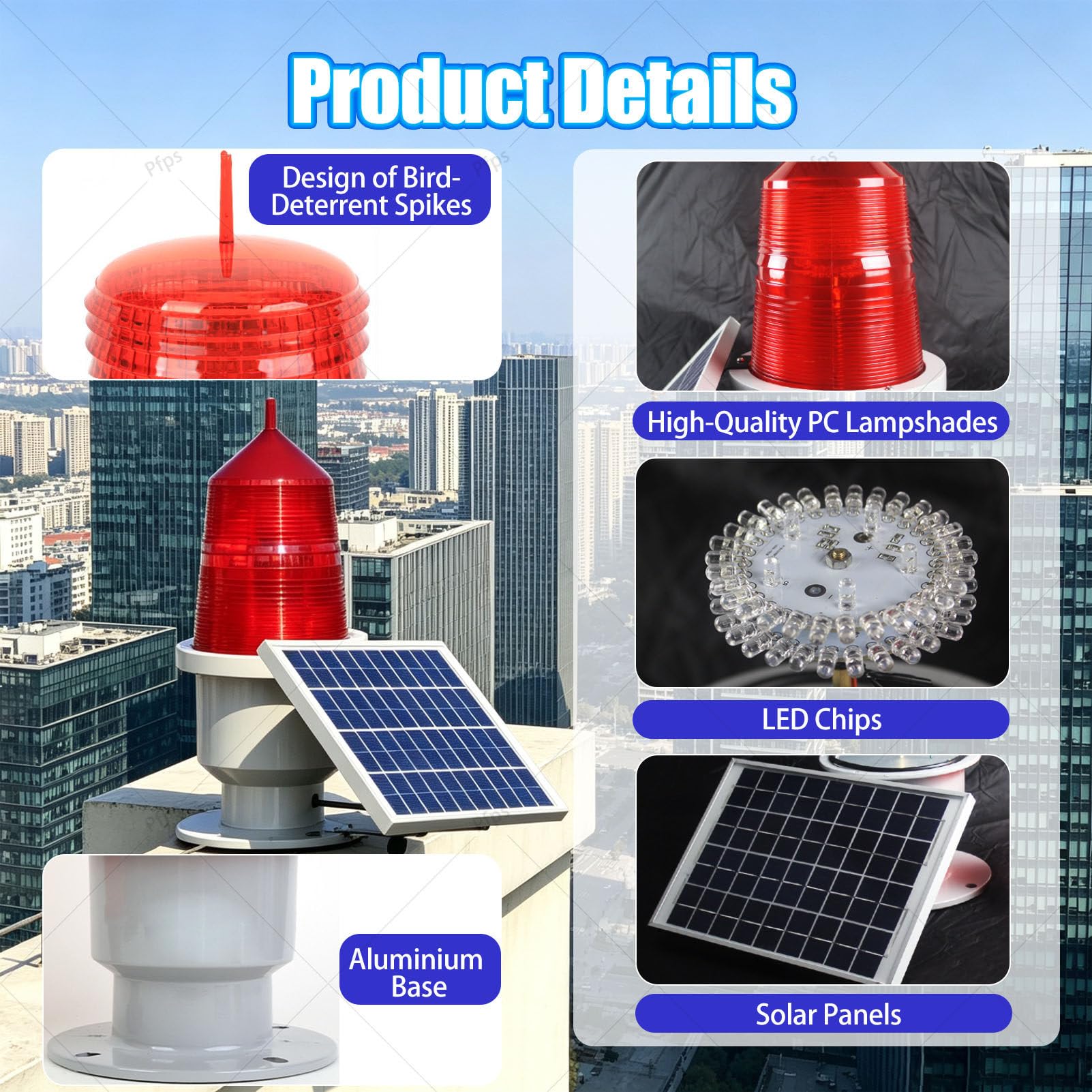 Luce di Segnalazione Ostacoli per L'aviazione a LED Solare da 15W, Luce Lampeggiante di Sicurezza con Accensione/Spegnimento Automatico, Lampada di Segnalazione a 360° per Gru Edili GZ122