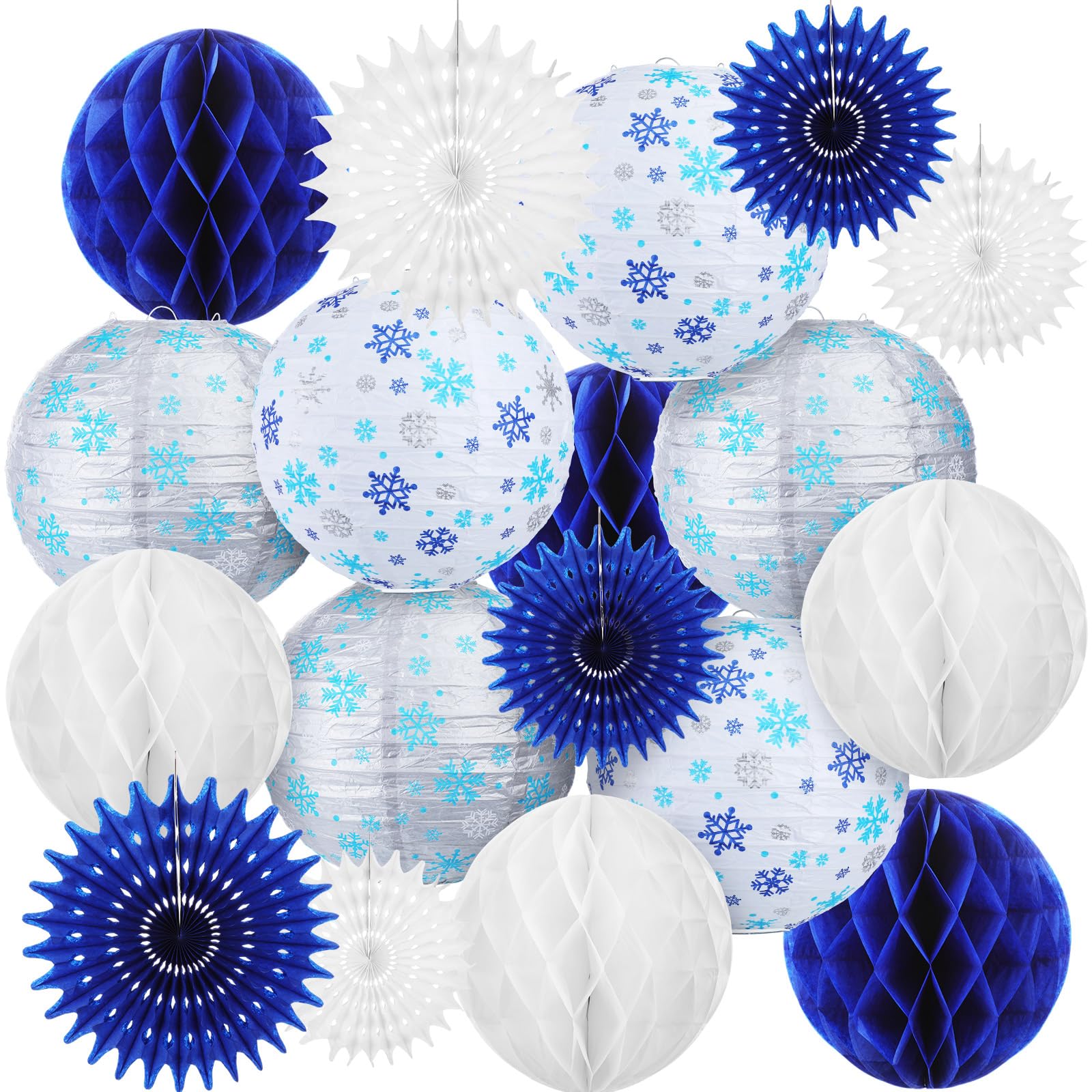 Retisee 18 Pcs Winter Party Decorations Snowflake Paper Lanterns Blue Sliver Hanging Paper Fans Hanging Honeycomb Ball for Wonderland Party Holiday Winter Decor Supplies
